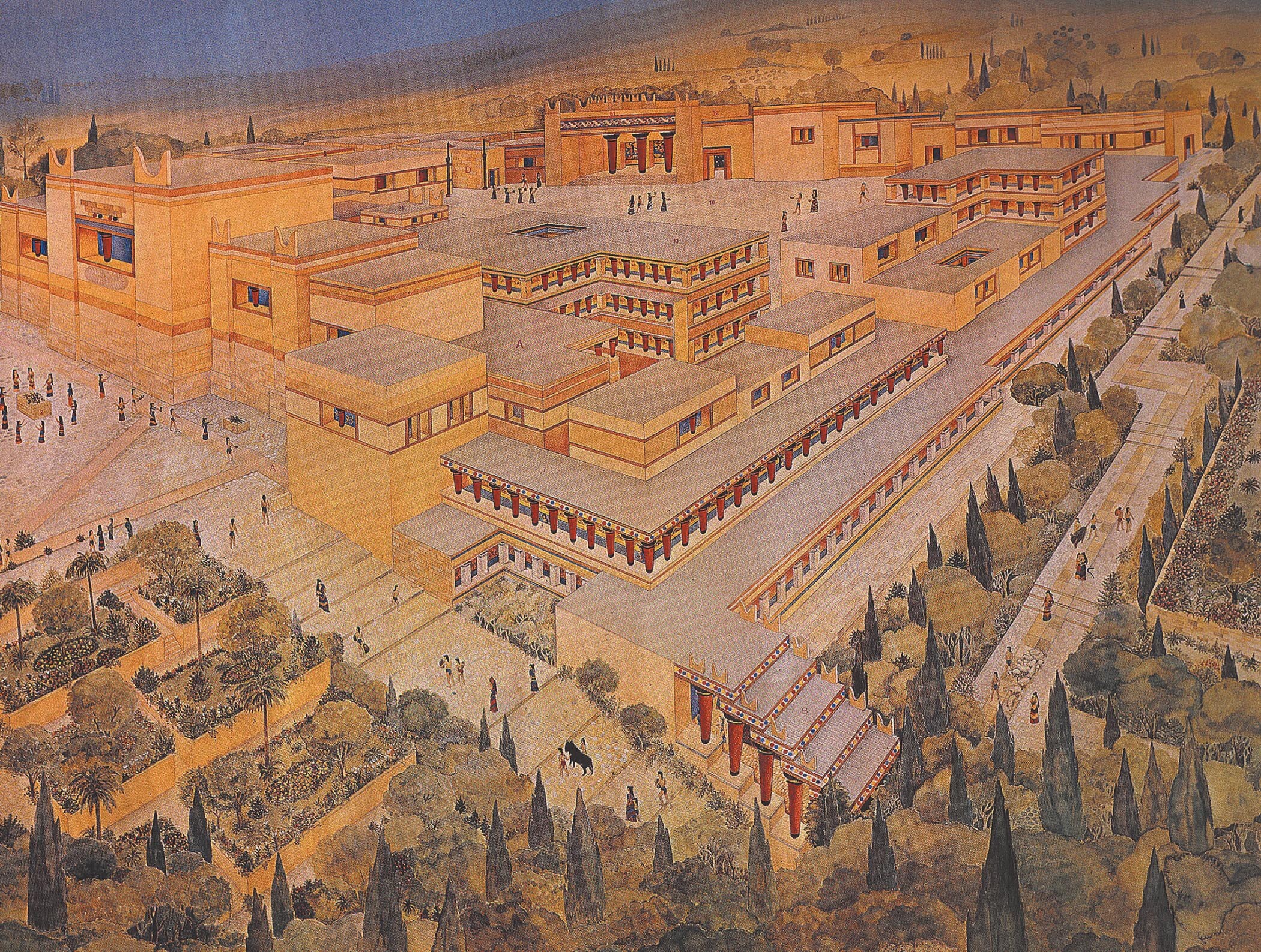 A reconstructed ancient Minoan palace at Knossos, on Crete.