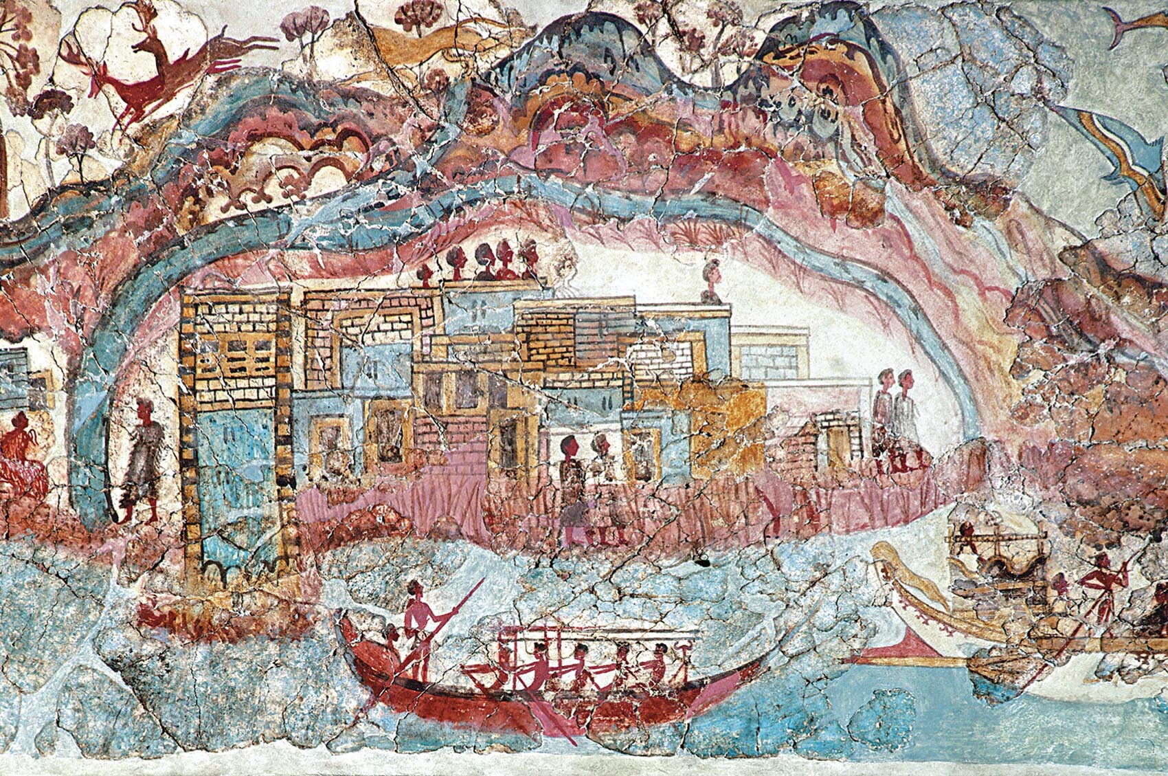 An Aegean fresco has a ship in the water off the coast of an island.