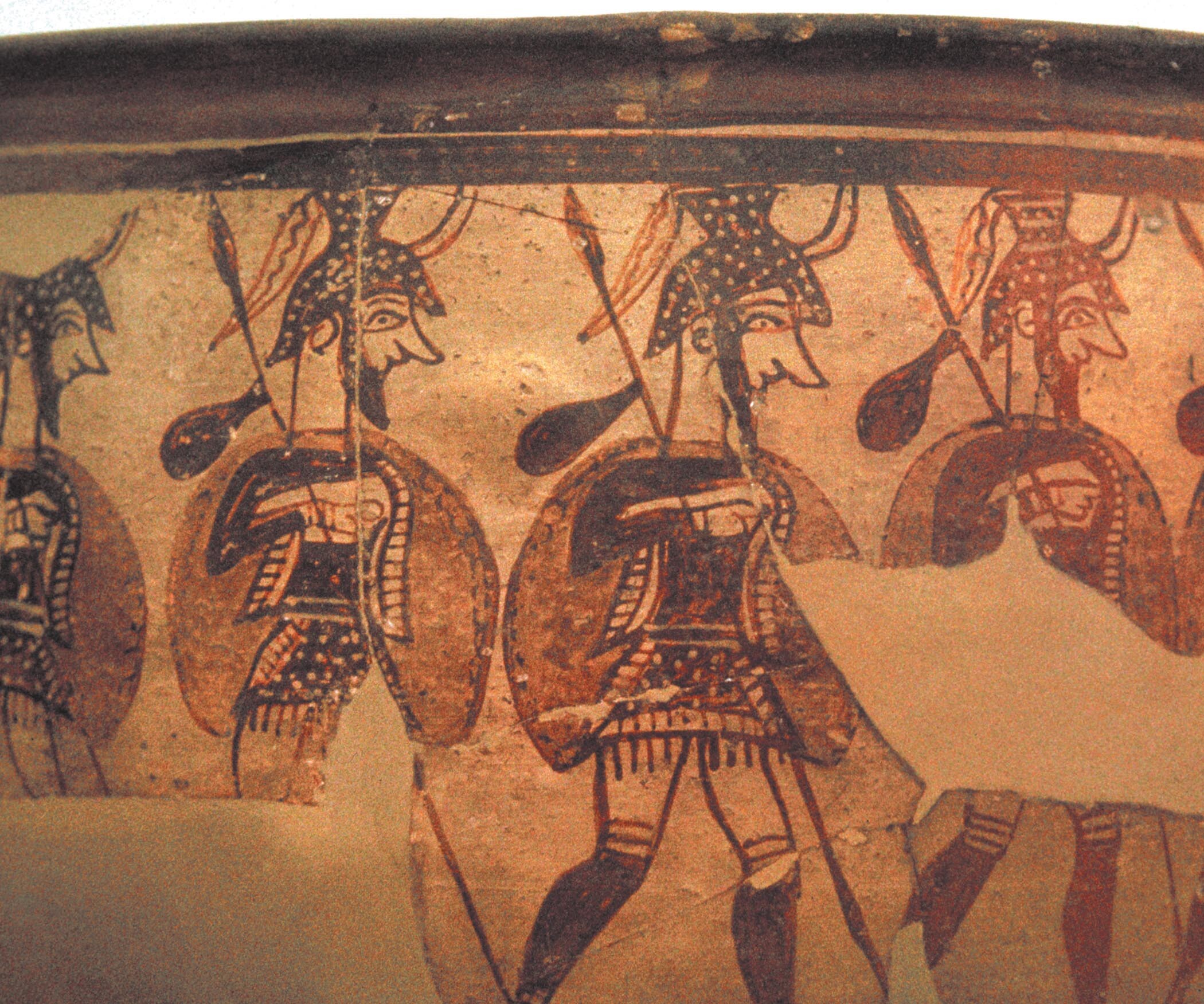 Mycenaean warriors in full armor including helmets, cuirasses, greaves, shields, and spears are depicted on a krater.