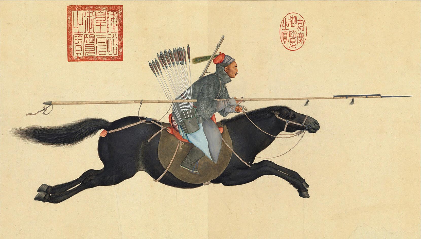 An illustration of the armored warrior Ayuxi on horseback.