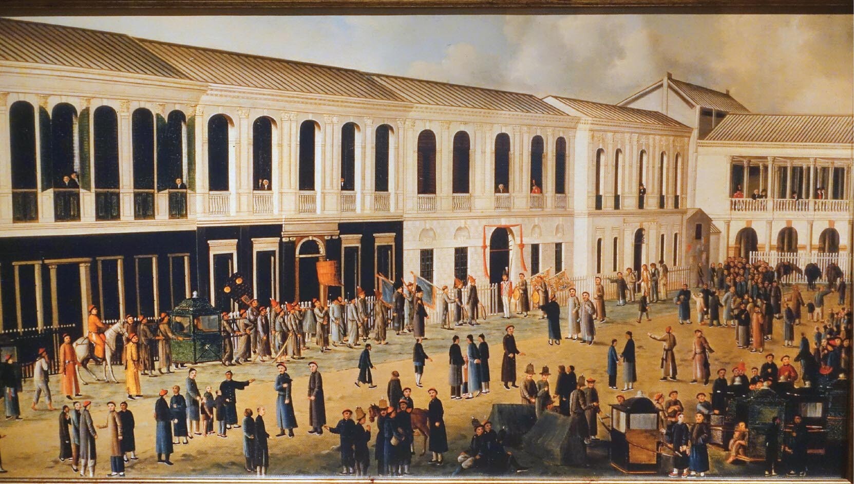 A painting of the foreign factories in Canto on a busy street.