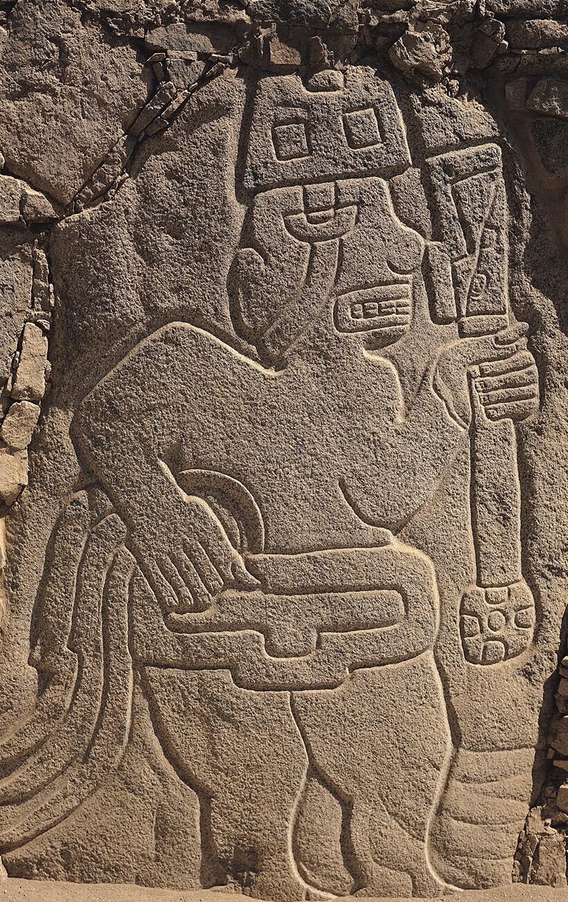 A stela in present-day Peru depicts a warrior holding a club.