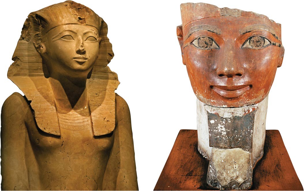 A bust of Queen Hatshepsut wearing a masculine headdress and kilt.; A bust of Queen Hatshepsut as masculine portrayal.