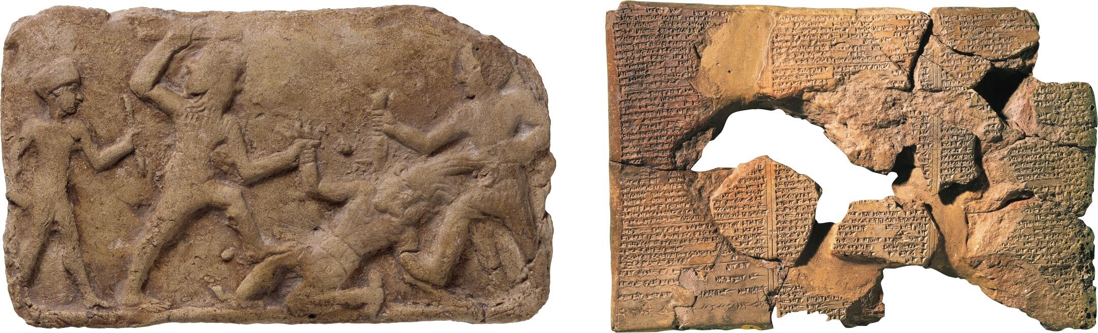 A terra-cotta plaque of Gilgamesh and his sidekick, Enkidu.; Fragmentary tablets of baked clay covered in writing which tells part of the Epic of Gilgamesh.