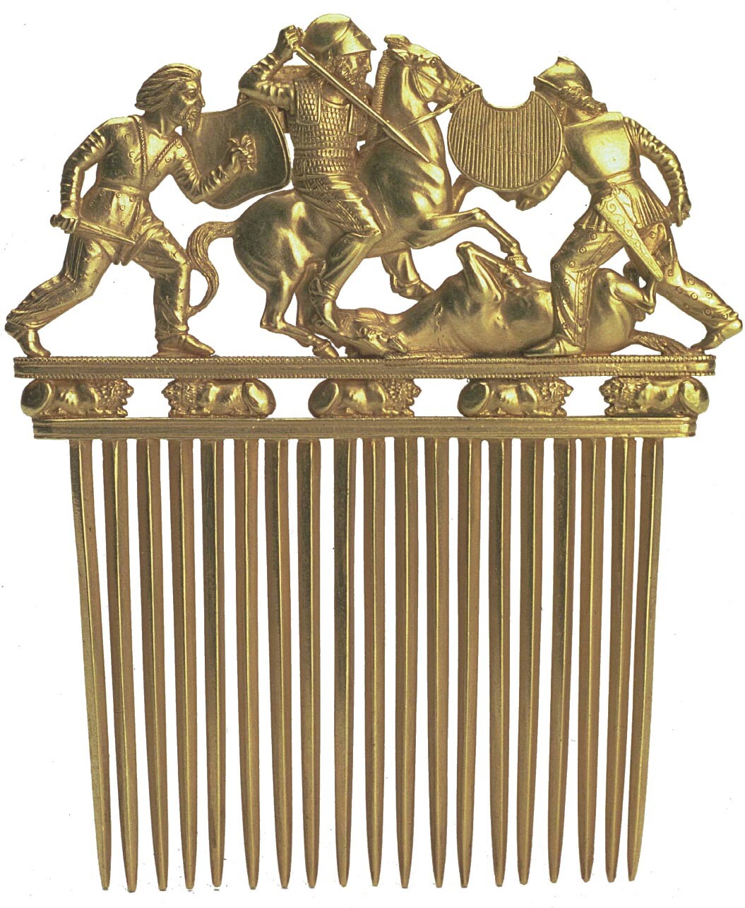 The golden Scythian comb ornamented with three warriors in combat, and five crouching lions below.