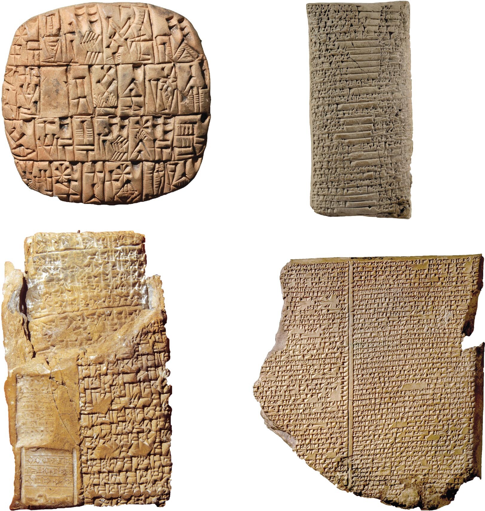A round cuneiform tablet made of clay with a series of medium-sized wedge-shaped markings covering the surface.; A rectangular cuneiform tablet covered in tight rows of tiny markings.; A cuneiform letter sealed in a clay envelope. Both the letter and envelope are covered in small markings.; A broken cuneiform tablet with a straight line down the middle and a tiny script on either side of it.
