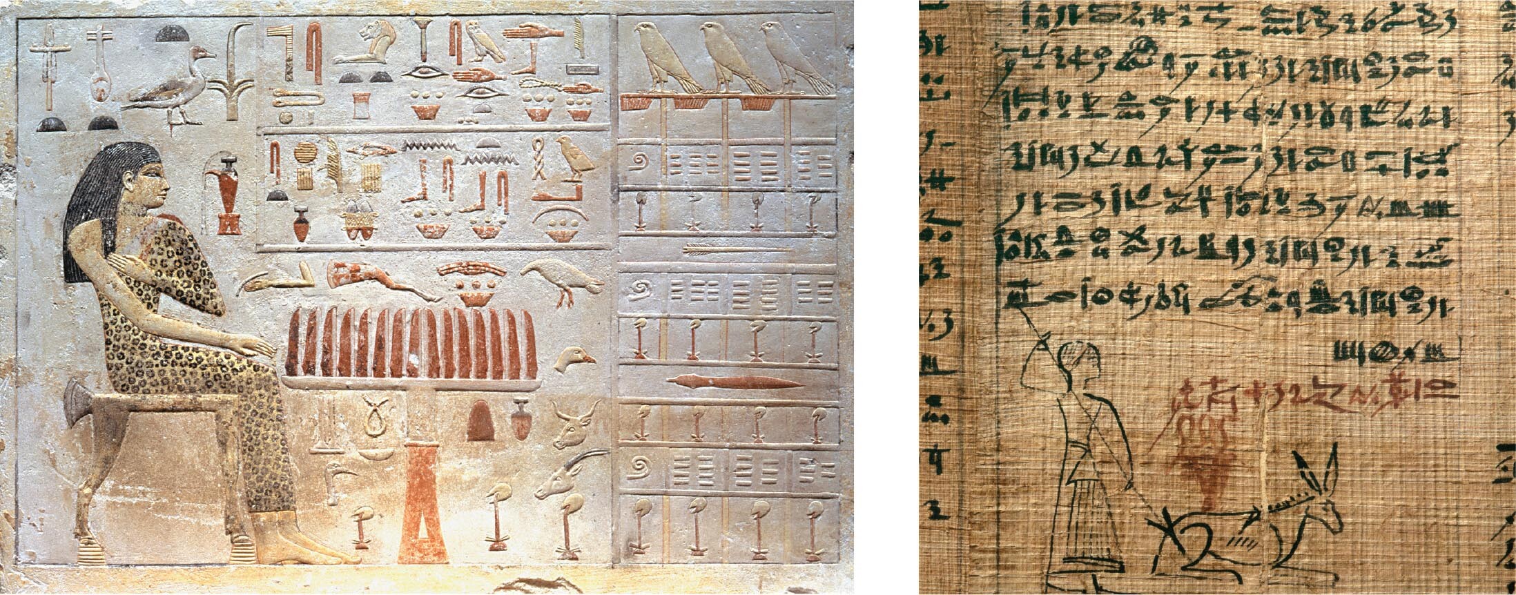 Funerary relief of a person and many hieroglyphs.; An Egyptian hieratic script.