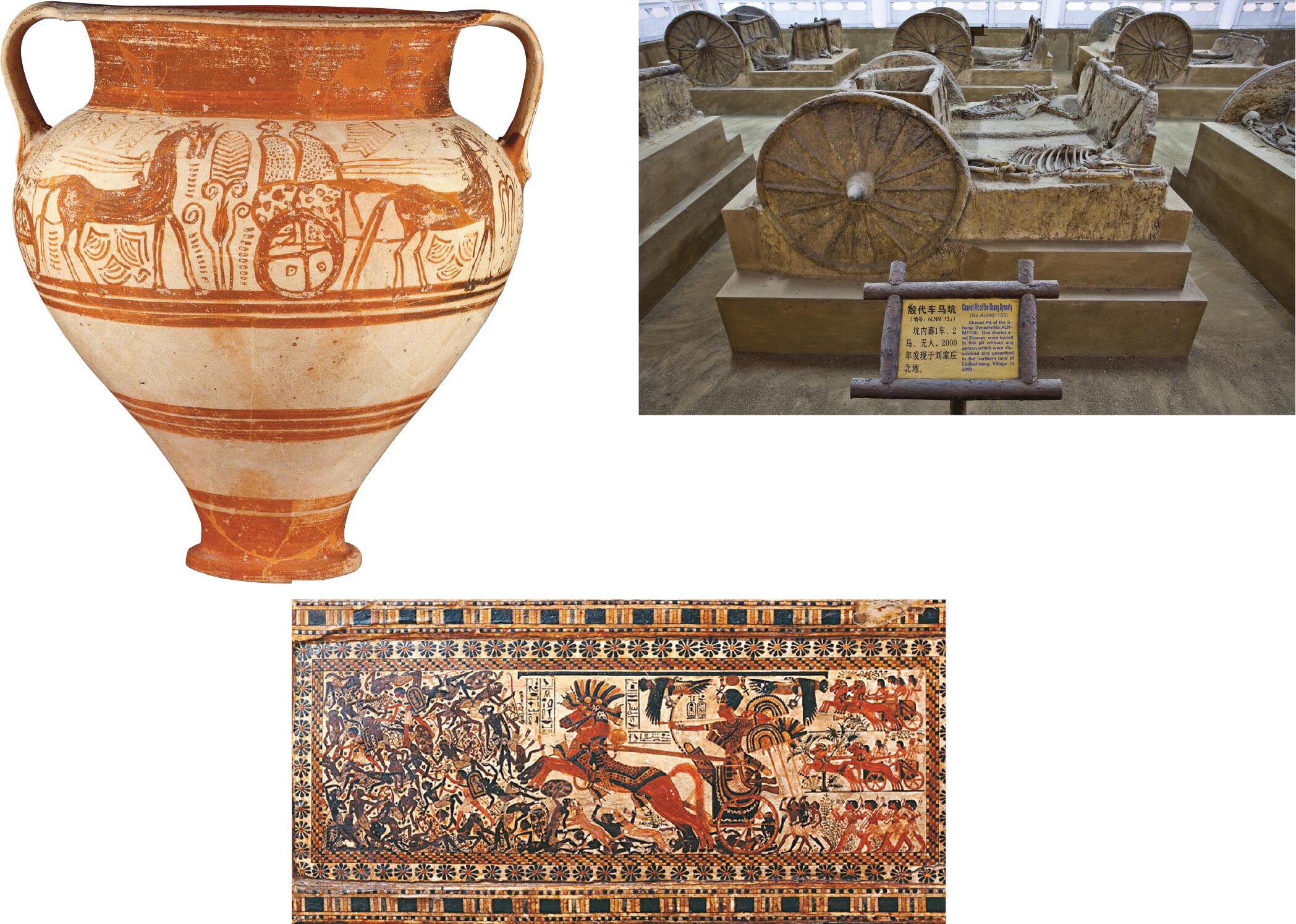 A large vase typical of Mycenaean art has banding and a horse-drawn chariot painted on it.; Chariots made of clay at a Chinese museum.; A wooden chest with a painting of a pharaoh on a chariot fighting several people.
