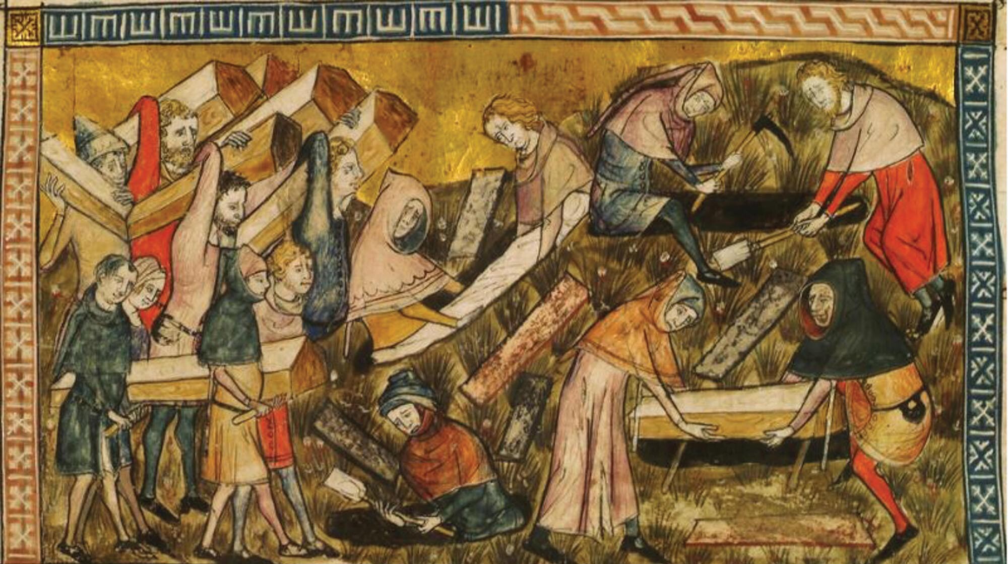 A painting depicts a group of people carrying coffins.