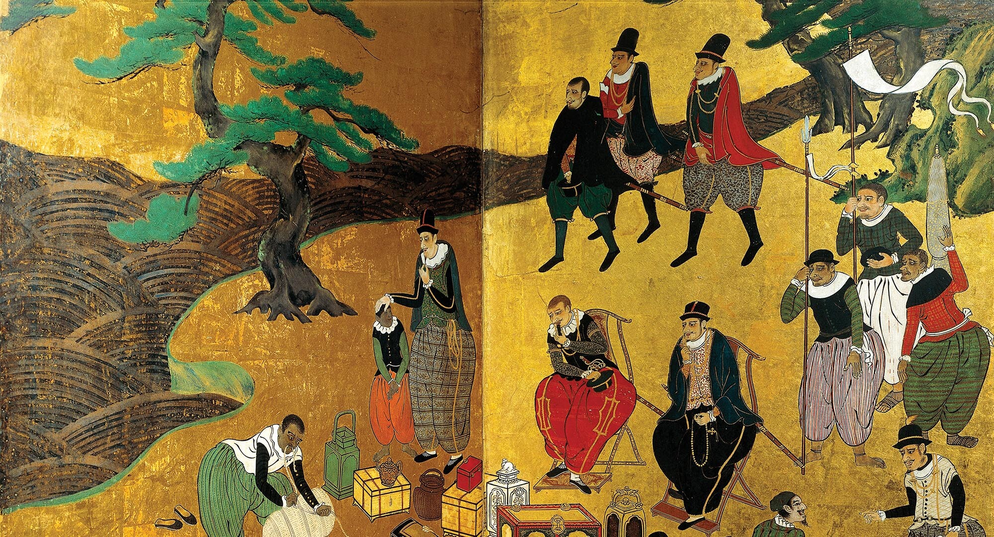 A painting of Portuguese traders with goods on the coast of Japan.