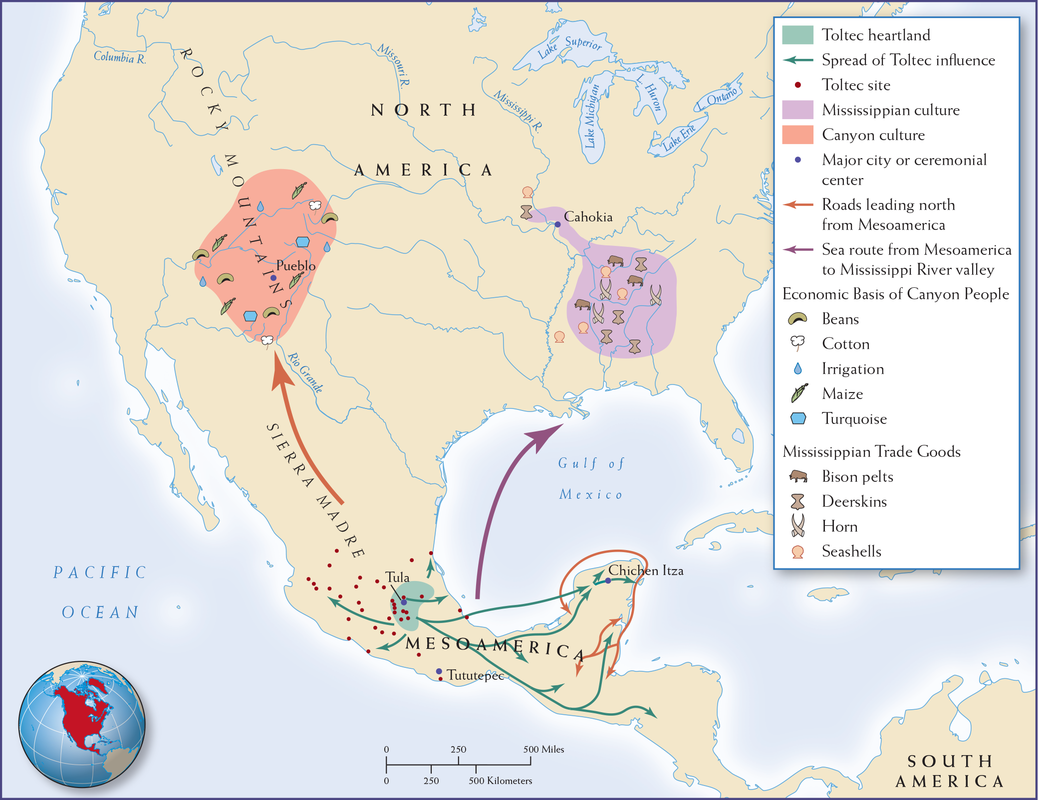 Map 10.10 is titled Commercial Hubs in Mesoamerica and North America, 1000 C E.