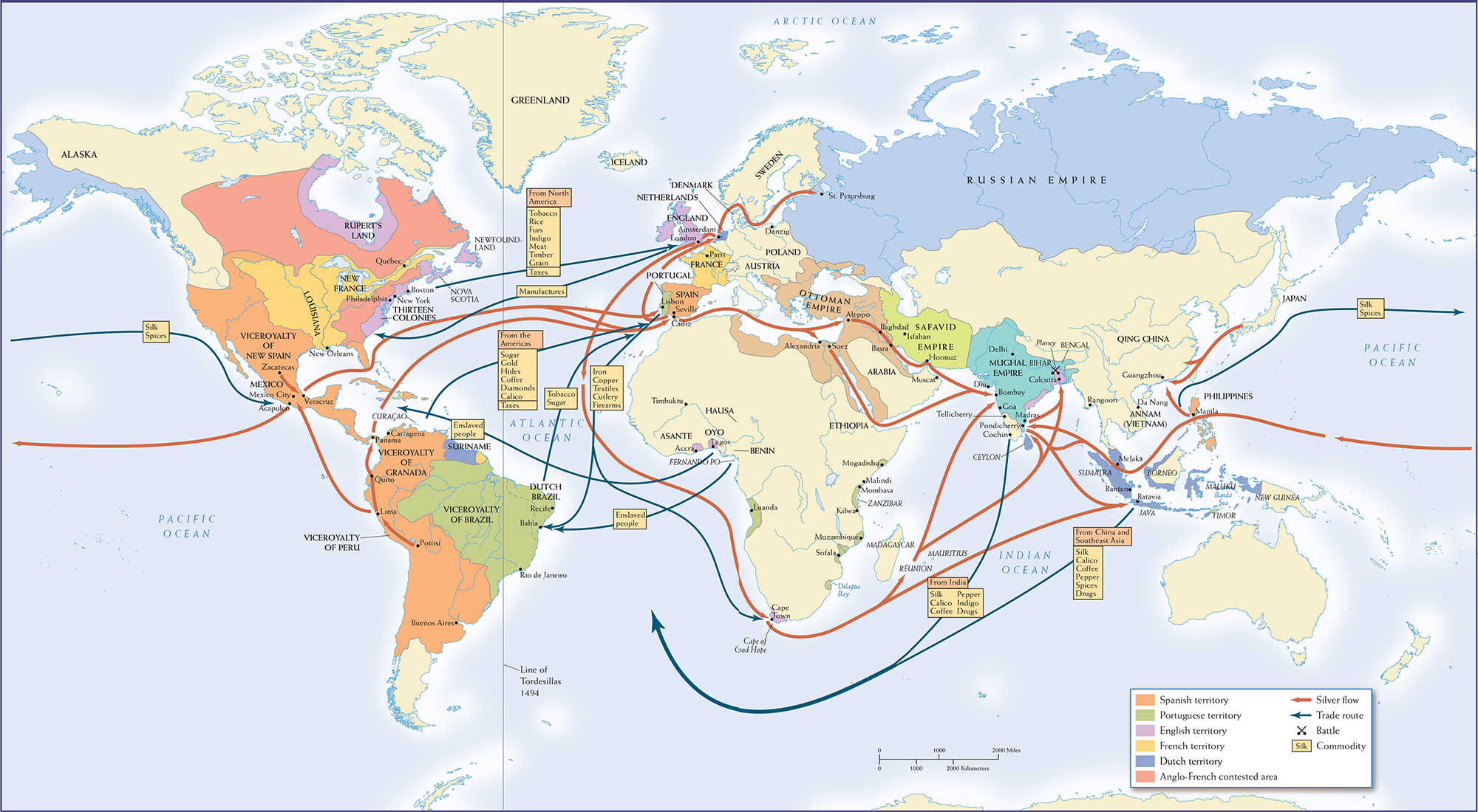 Map 13.1 is titled, Trade in Silver and other Commodities, 1650-1750.
