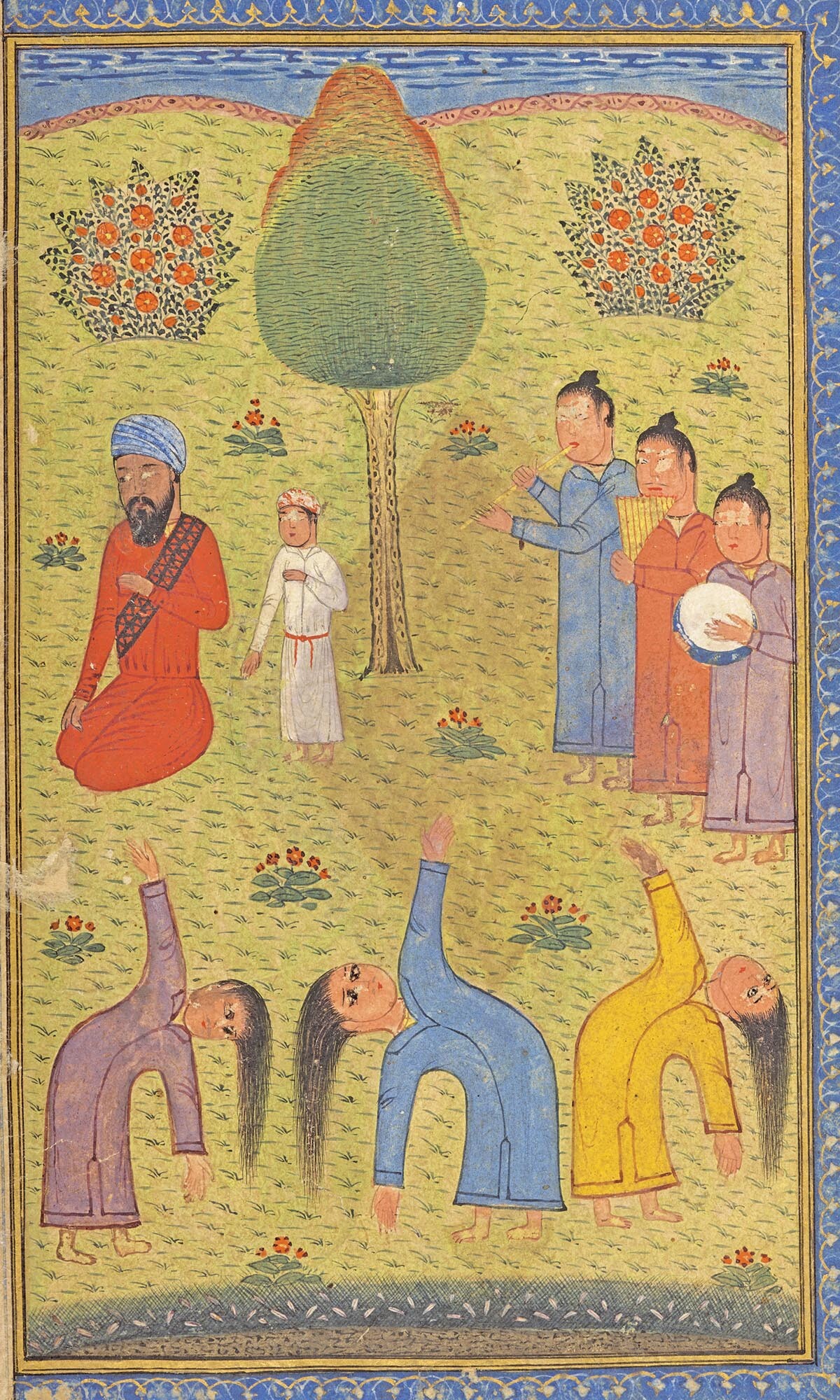 An illustration depicts three dancers with one hand stretching towards the sky and the other reaching toward the earth.