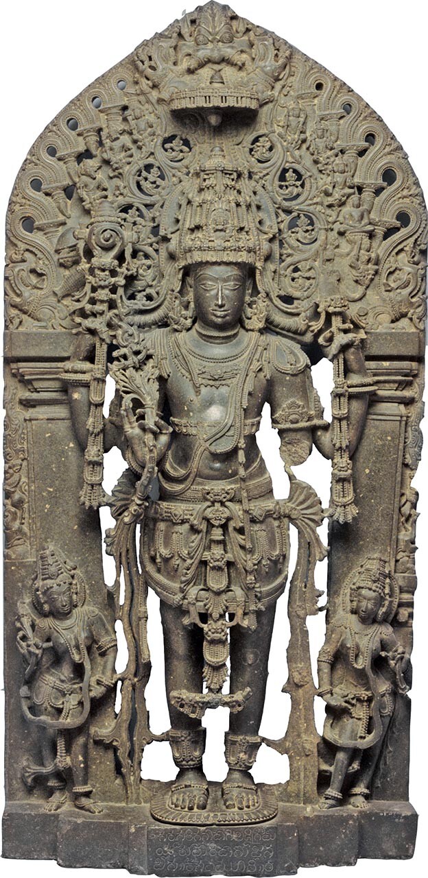 A sandstone sculpture of the four-armed Vishnu.