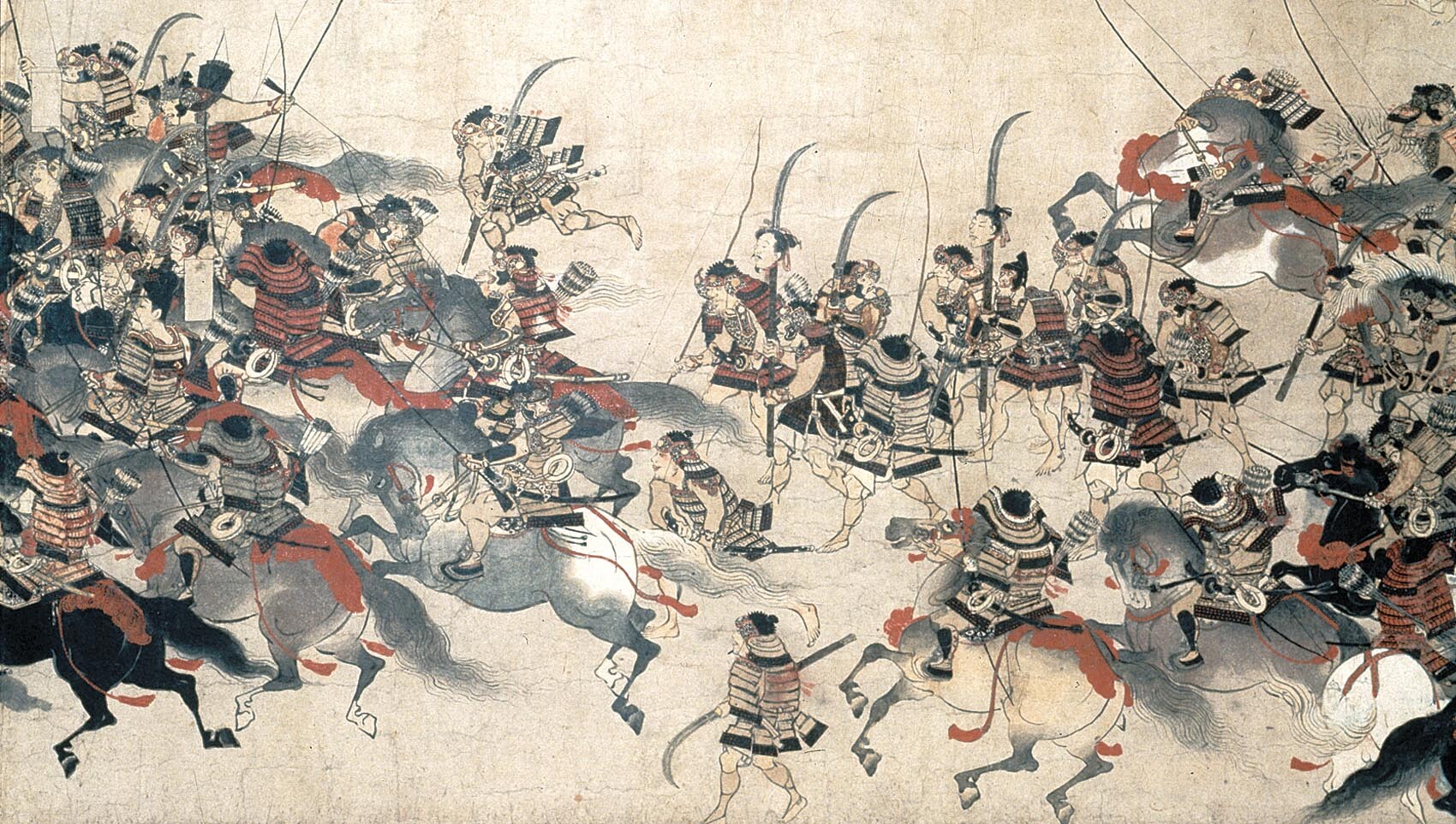 An illustration depicts a battle with many warriors in full armor riding on horseback.