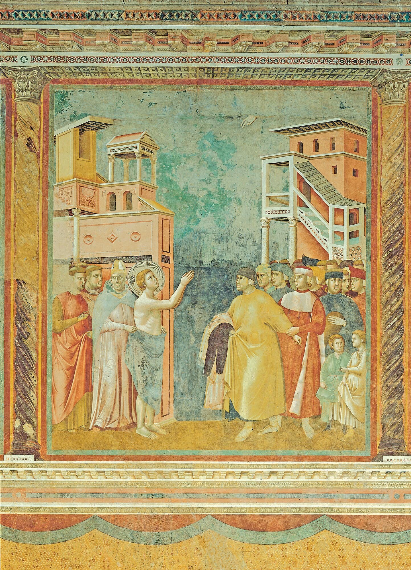 An fresco depicts Saint Francis renouncing his Father’s goods and earthly wealth.