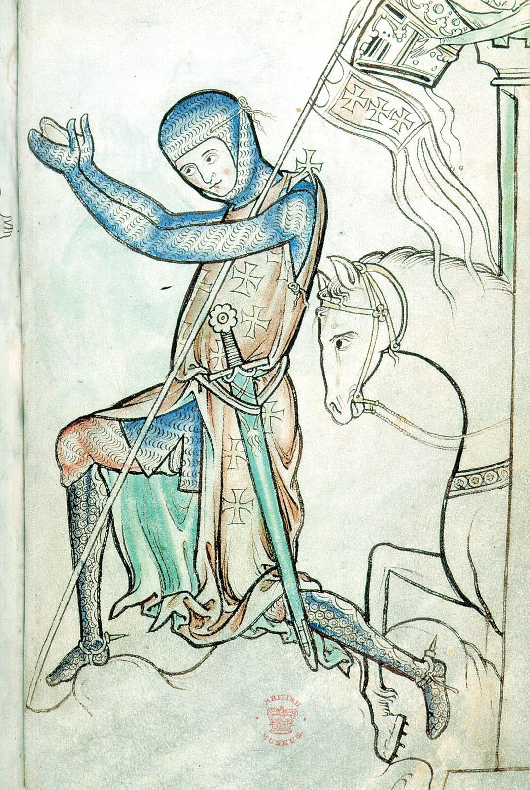 A painting of a kneeling crusader.
