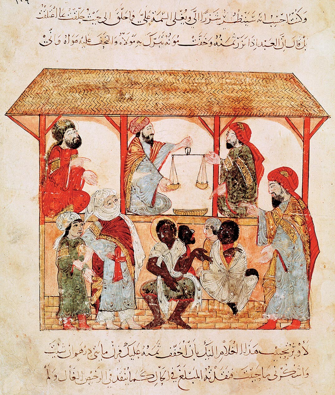 A painting of a covered marketplace with enslaved people up for auction in the center.