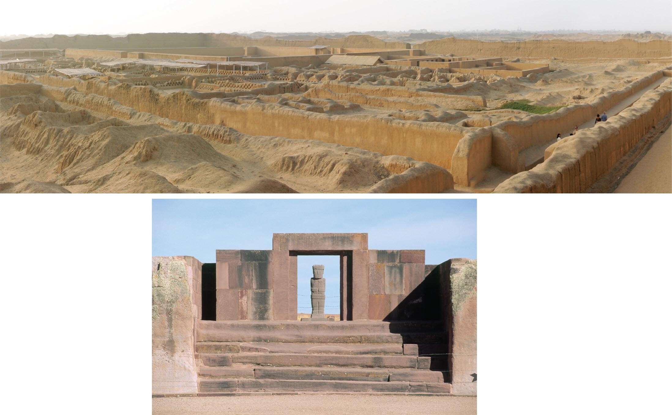An aerial view of the remains of Chan Chan.; A view of The Kalassaya Temple Entrance and Ponce Monolith.