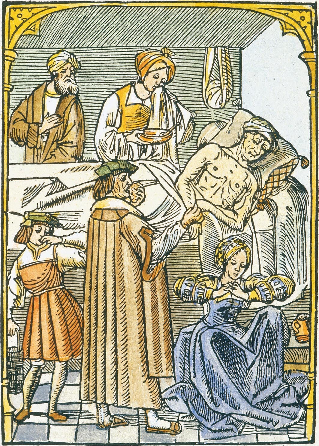 A painting of a person with the plague in bed. There are several people around him holding their noses.