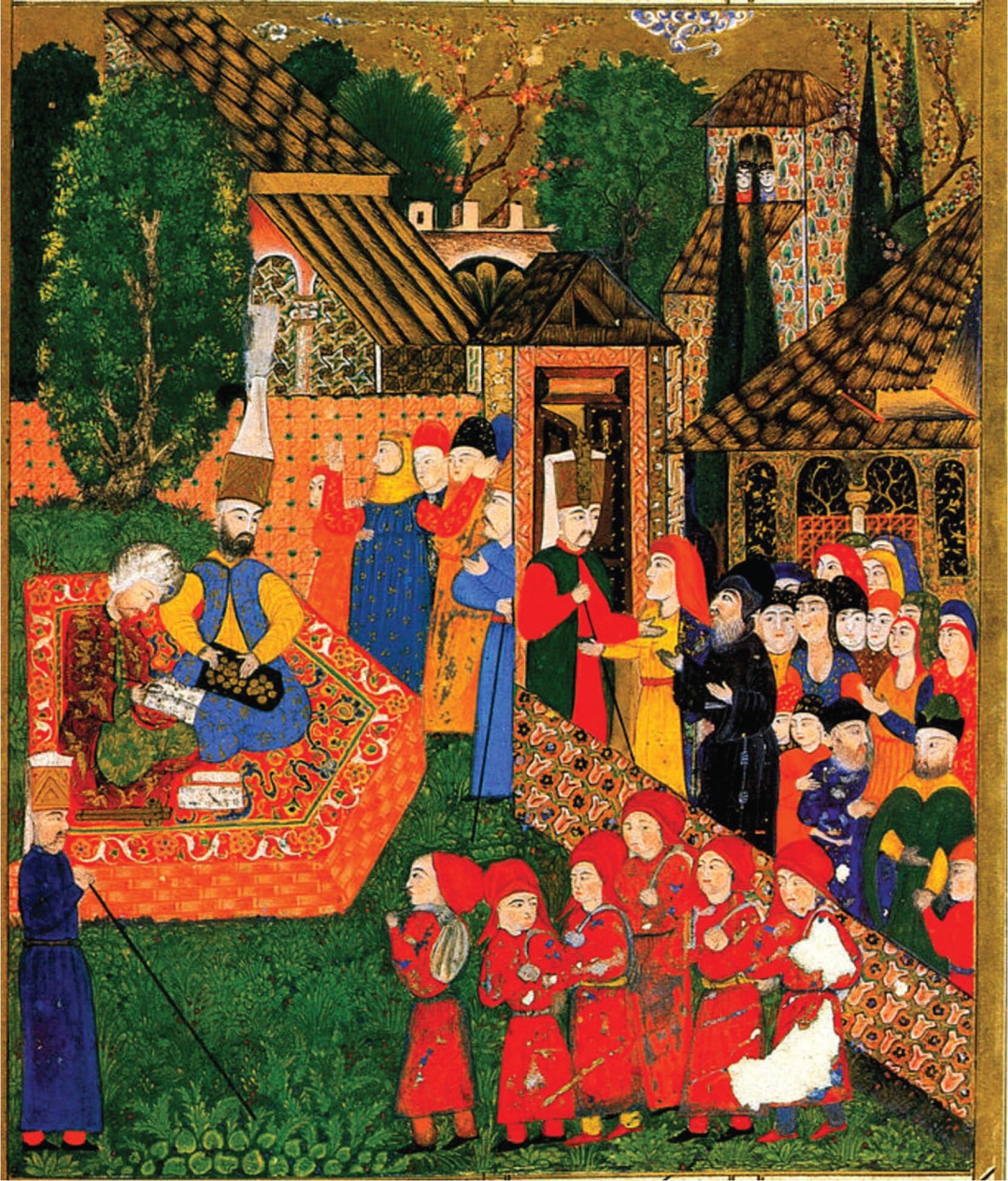 A painting of a group of people in a city. There is a group of children separated from the adults.