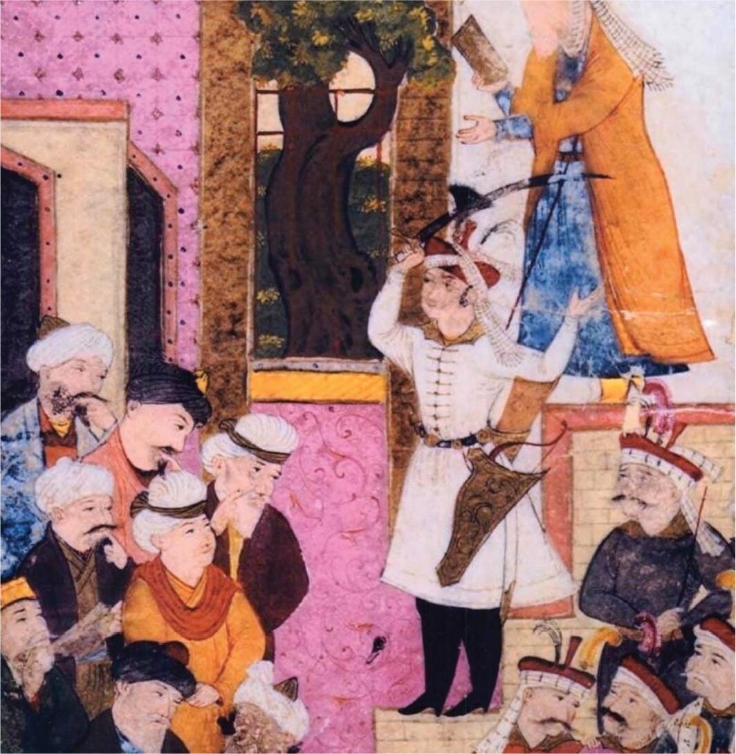 A painting depicts Shah Ismail holding his sword up high and addressing a group of people.