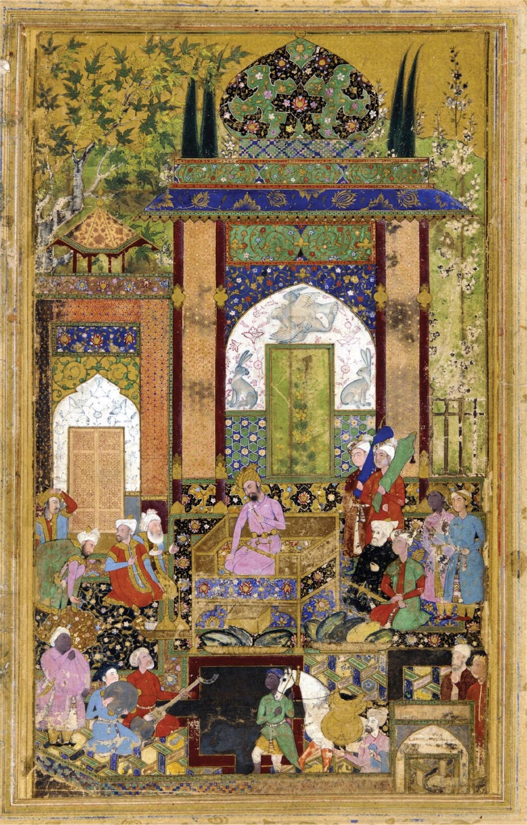 A painting of Babur holding court. He is seated in an elevated position at the center of the court room.