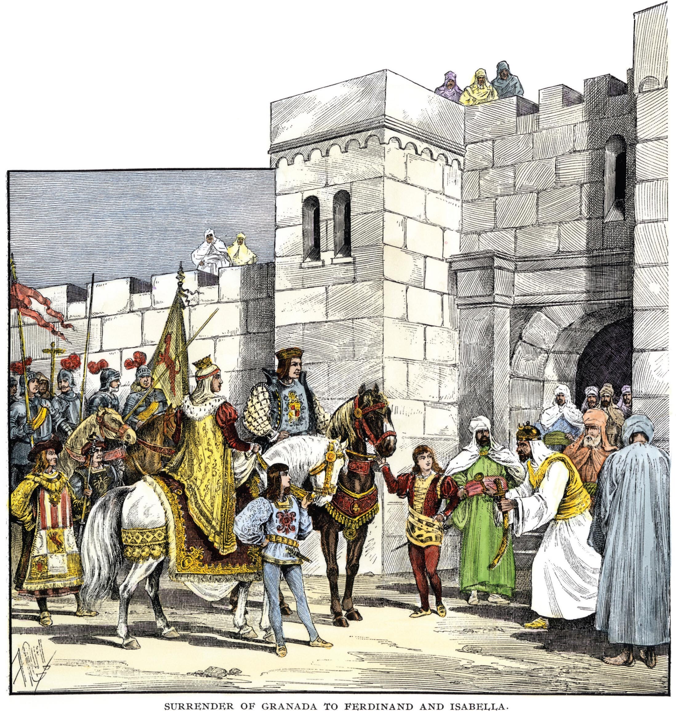 A colorized woodcut depicting Sultan Muhammad XII surrendering to King Ferdinand and Queen Isabella.
