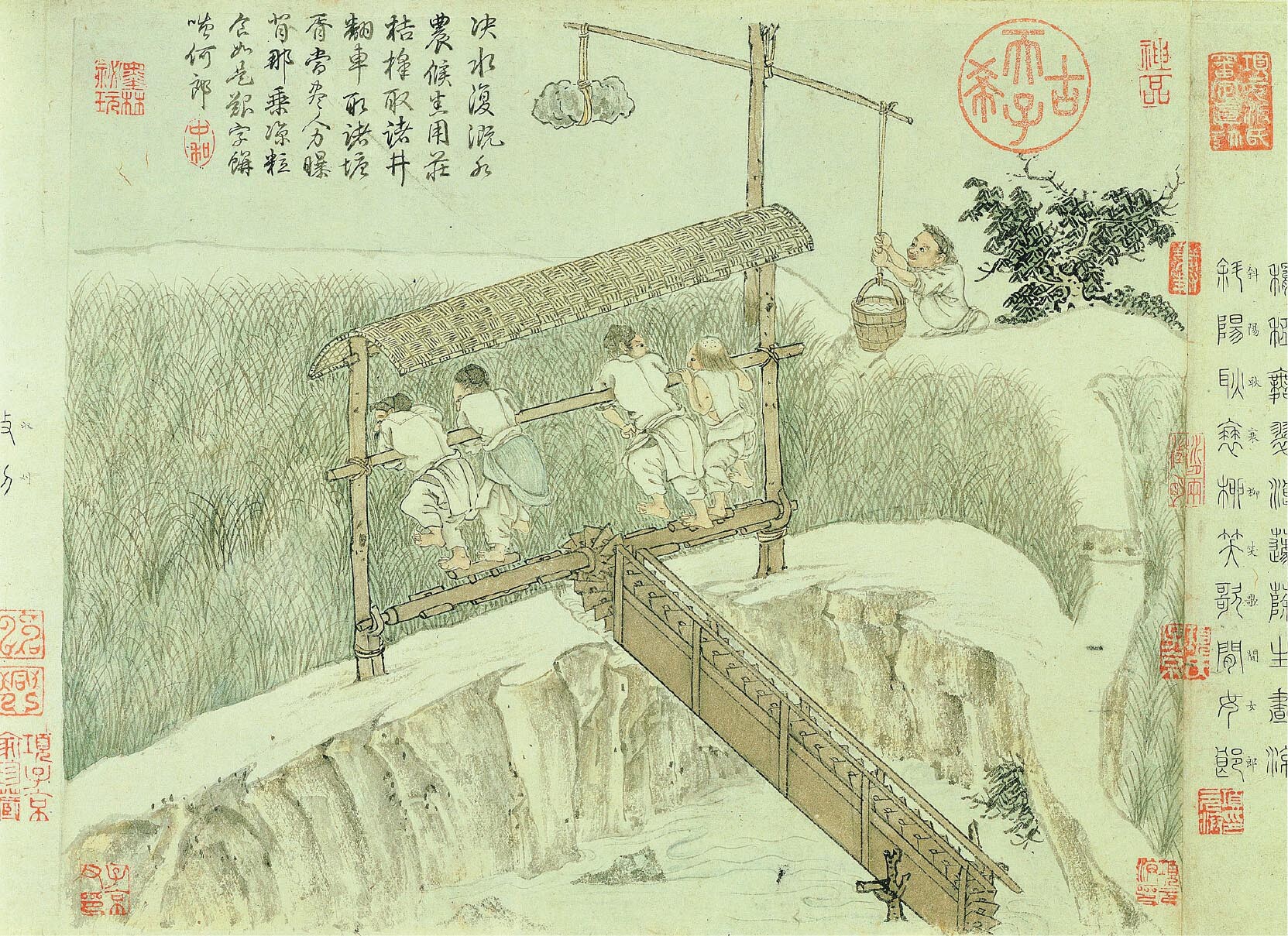 An illustration shows four farmers pumping water to a field using a water conveyor.