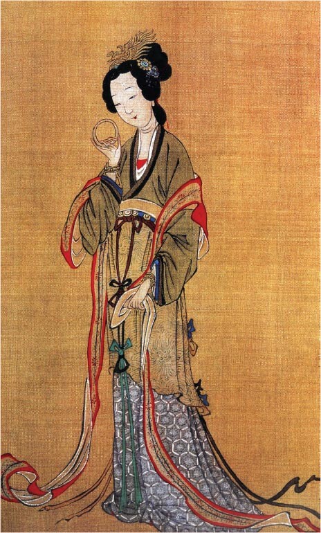 A painting of a woman wearing an elaborate gown.