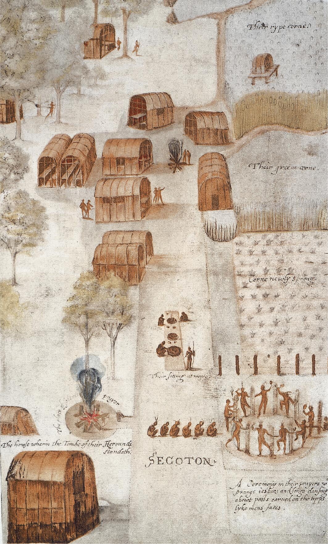 A bird’s-eye view of an Native American village of thirteen houses.