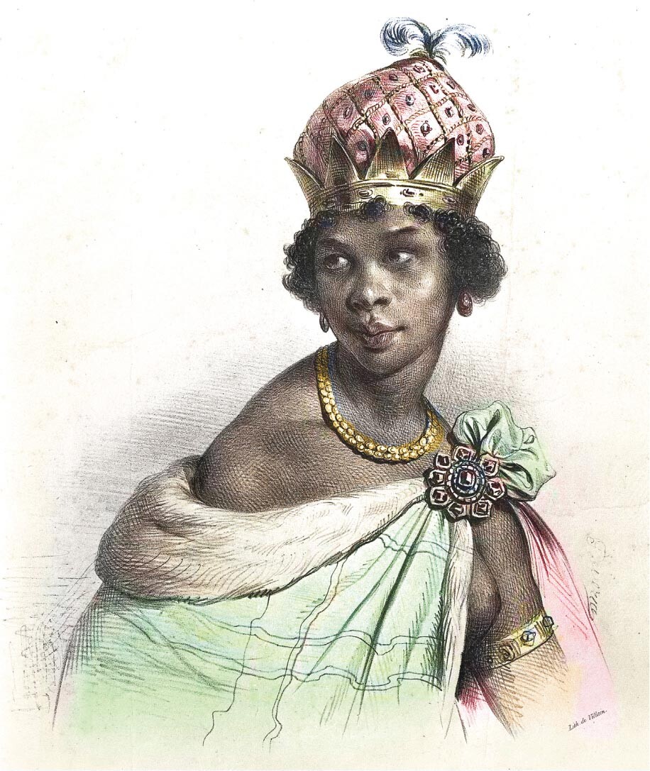 Portrait of Queen Nzinga wearing a crown and looking to her right.