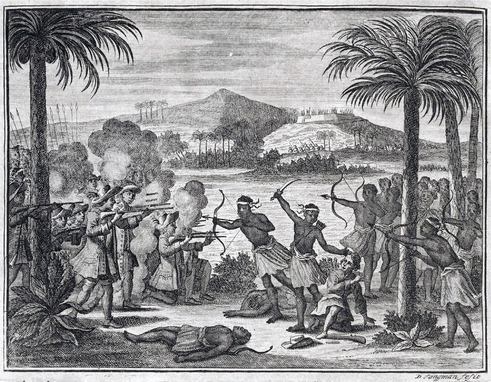 A black and white print of Dutch invaders with muskets fighting Maluku warriors with bows and arrows.