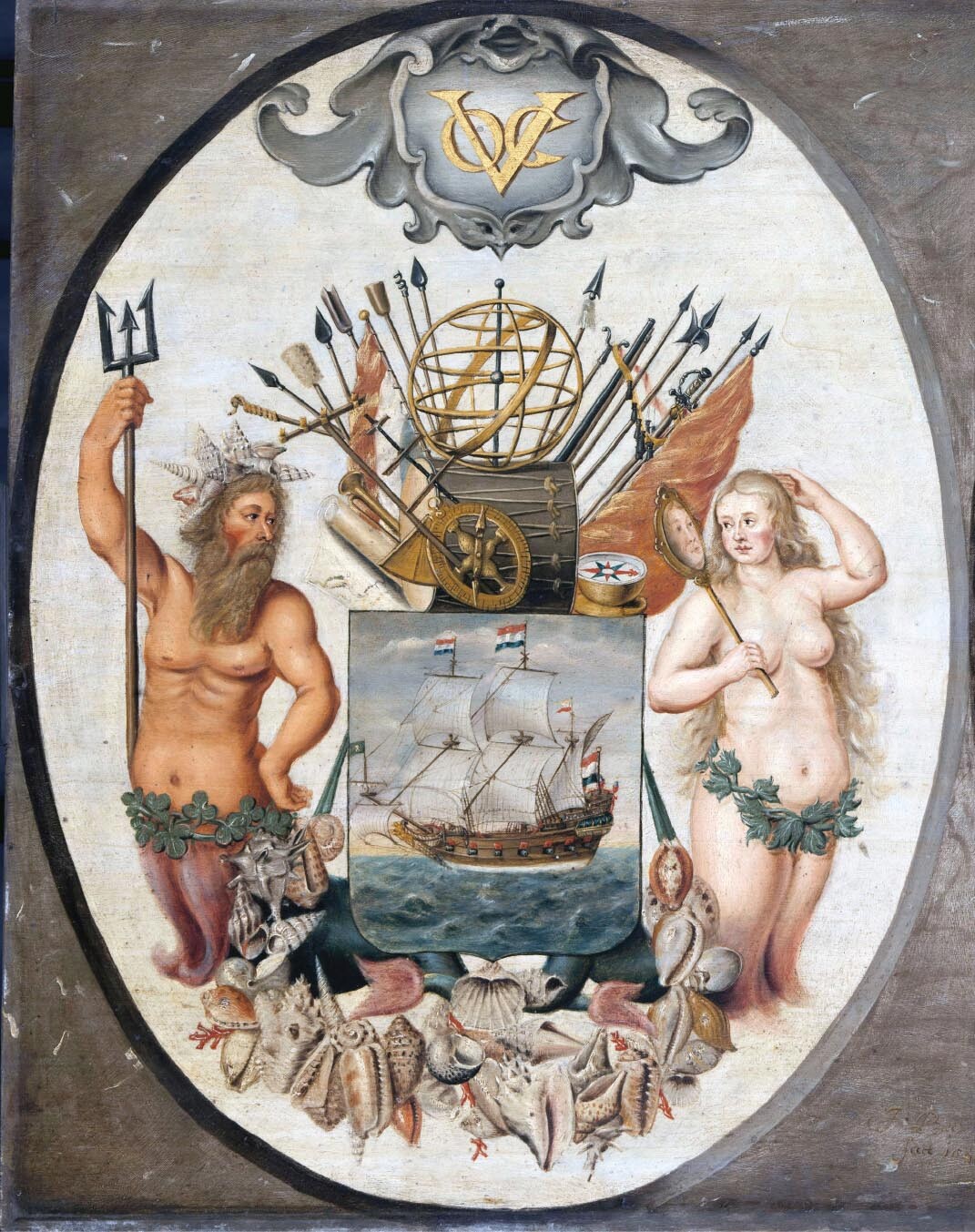 The V O C coat of arms depicts a painting of a Dutch man-of-war ship with Neptune and Providentia on either side.