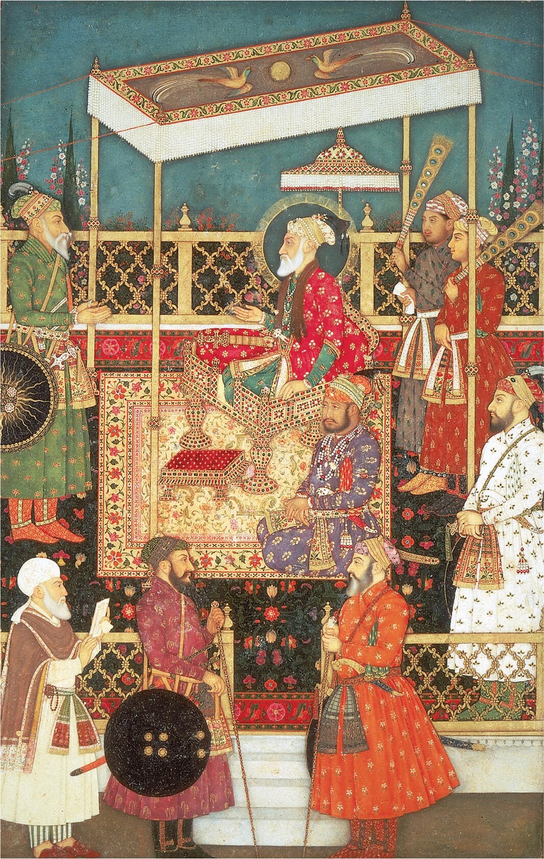 Aurangazeb sits on a throne in a balcony, beneath a canopy adorned with birds of paradise.