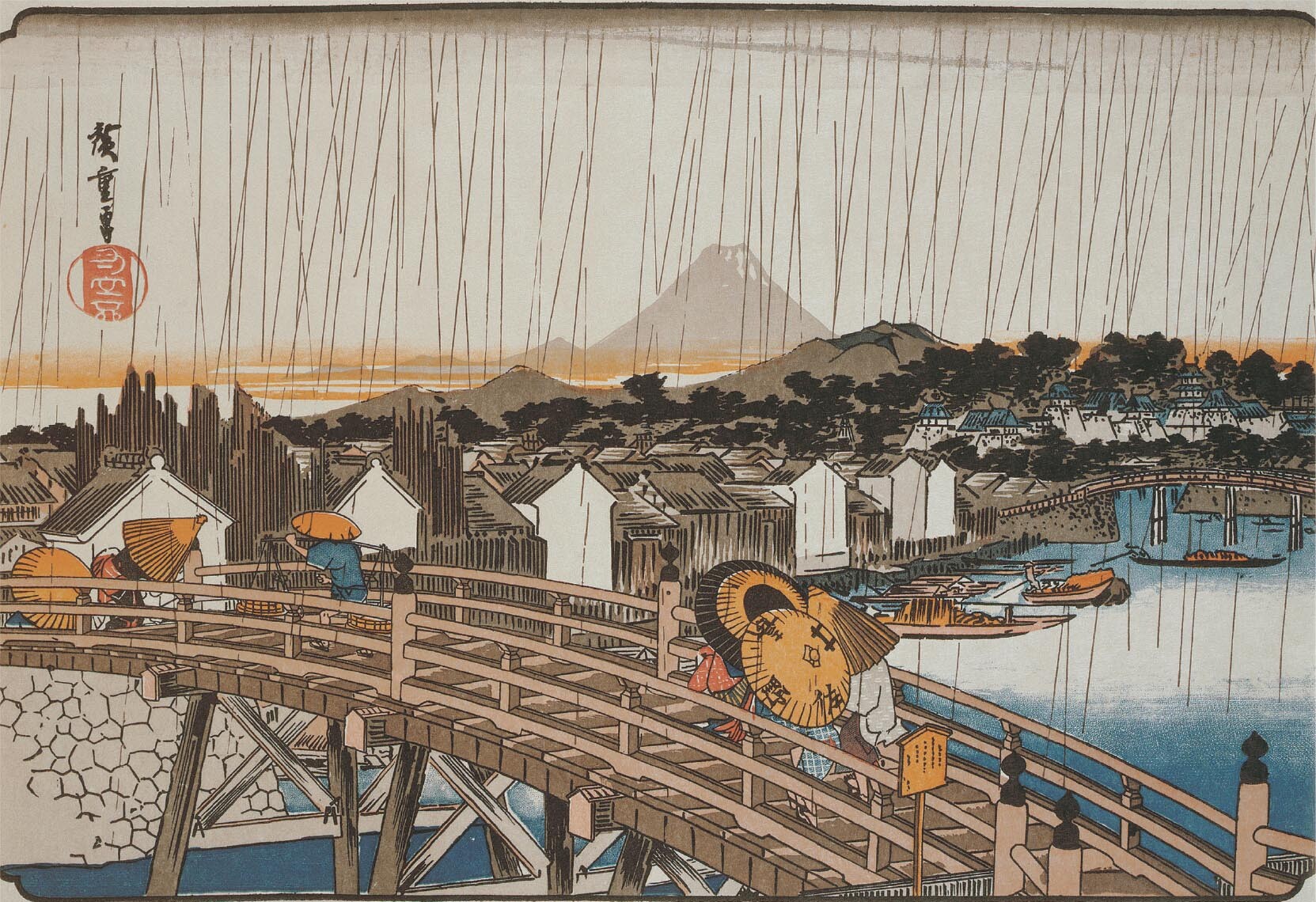 A painting of the city of Edo shows a small part of the curved wooden bridge over a river.