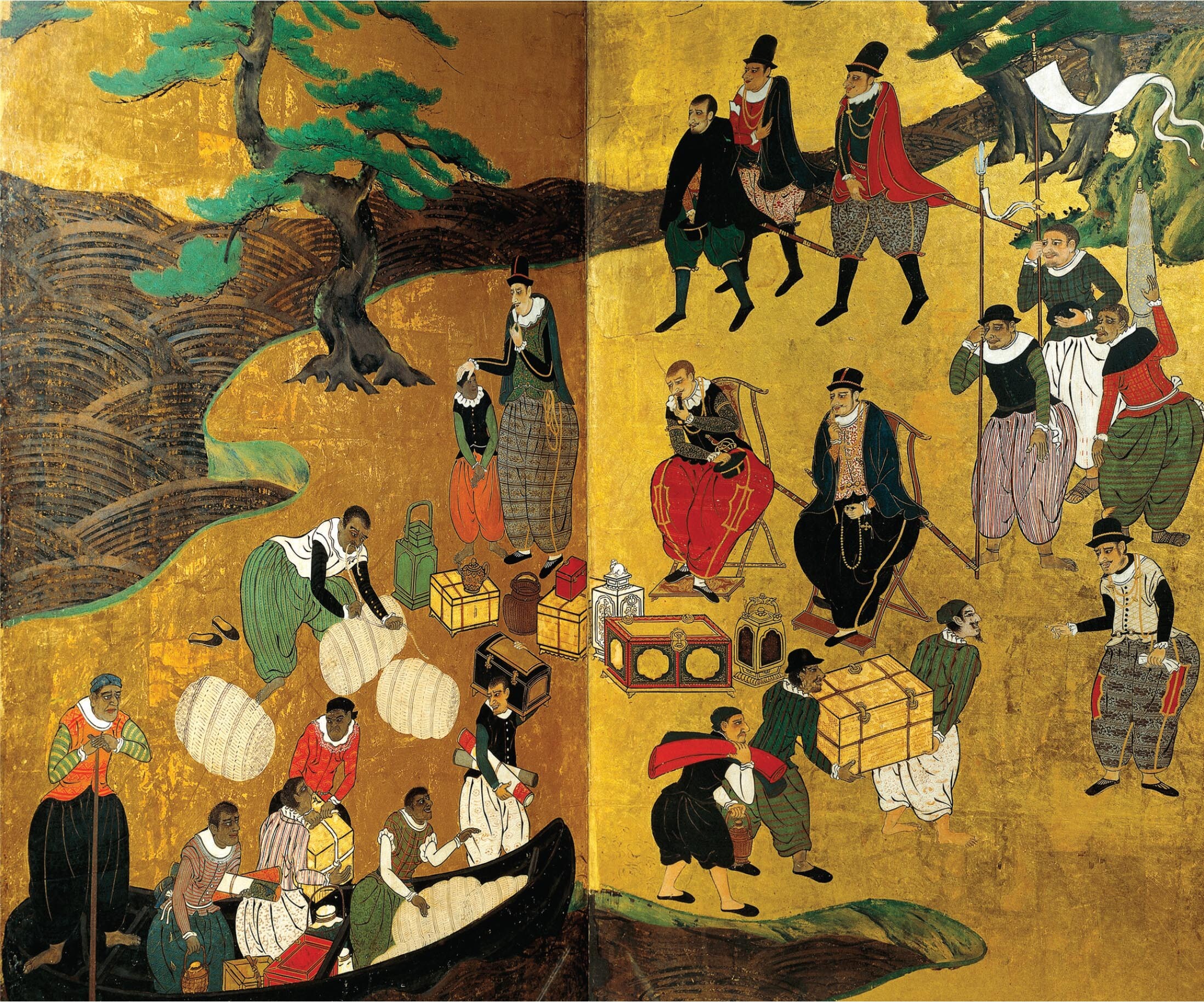 An illustration portrays the arrival of a Portuguese boat in Japan.