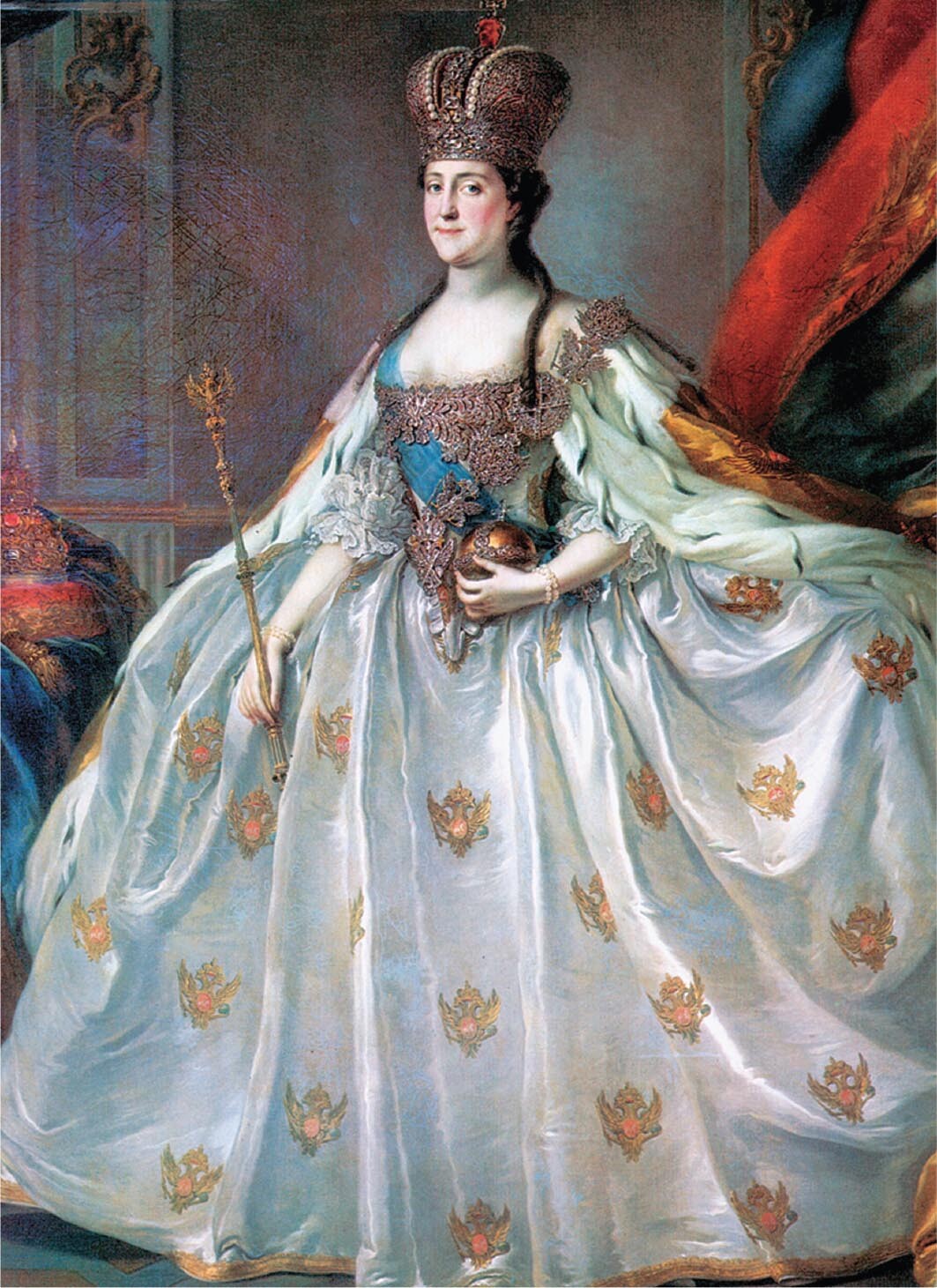 A full-length portrait of Catherine the Great in her coronation gown.