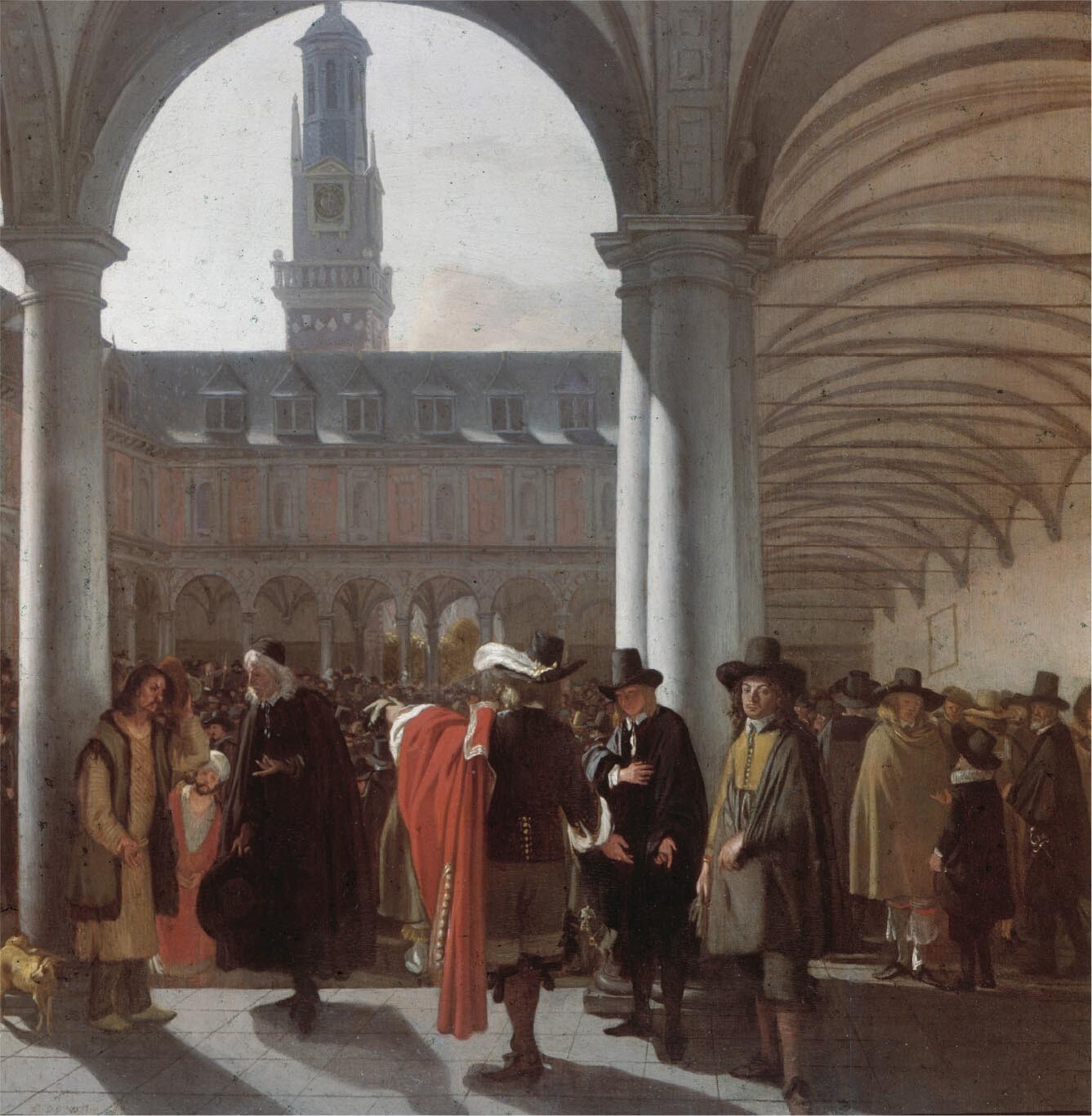 A painting of many men gathered in the courtyard of the Amsterdam Stock Exchange.