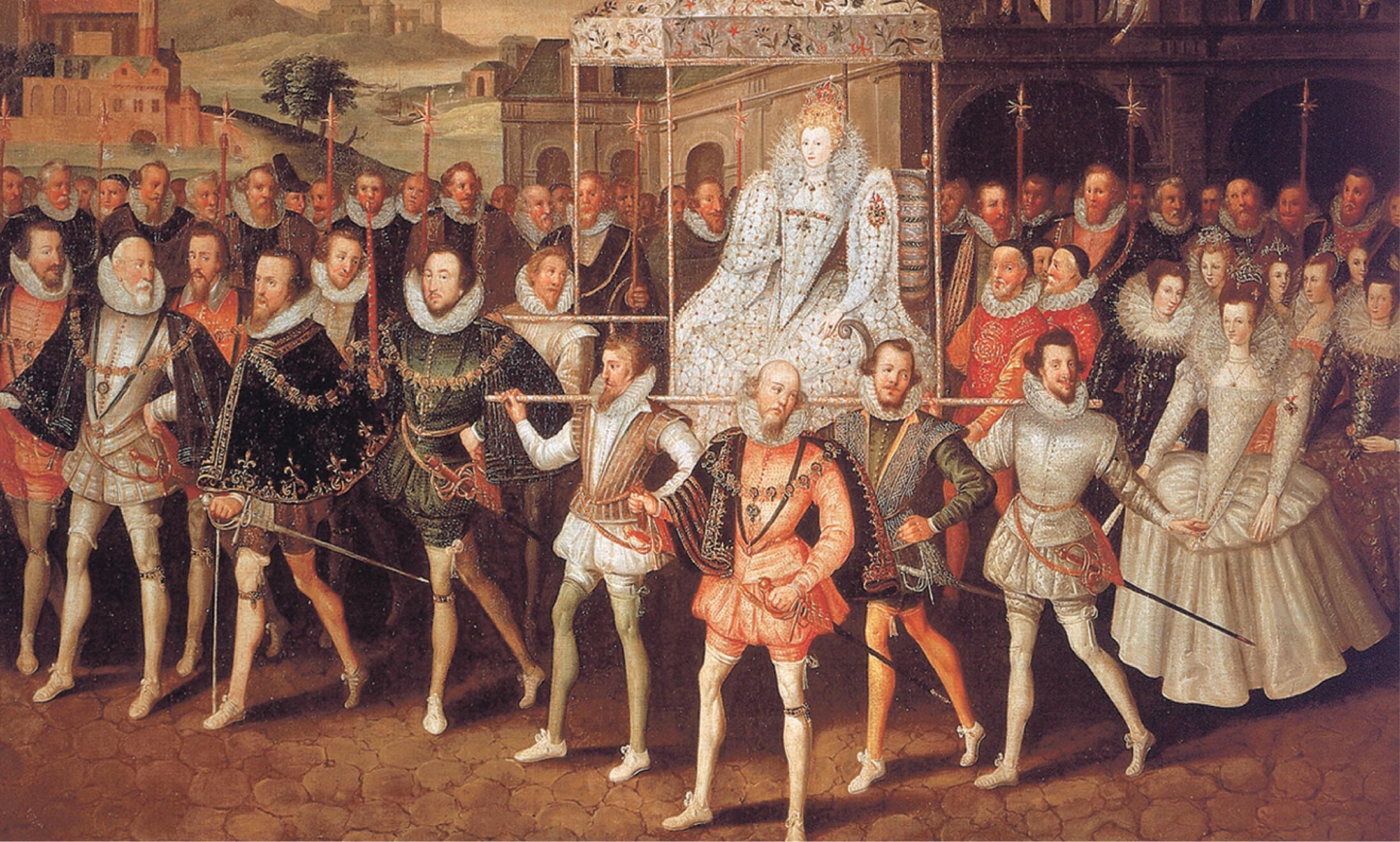 A procession of Queen Elizabeth and her court through the town.