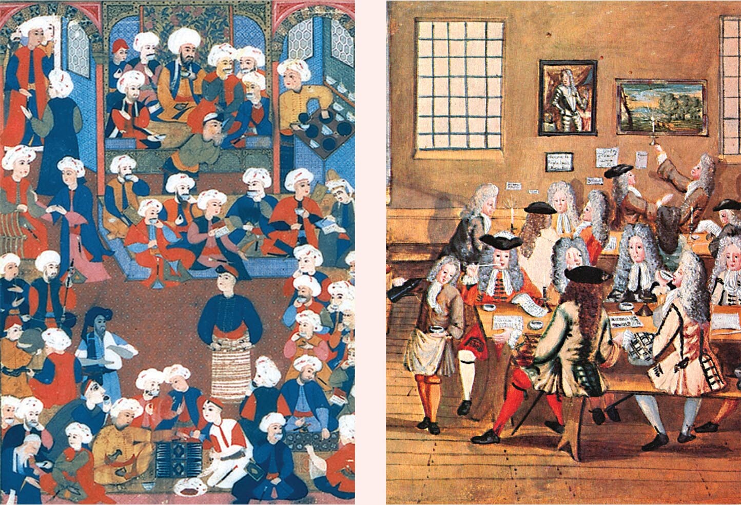 Many people gathered together in a banquet hall while kneeling and standing around with coffee.; An illustration shows coffee drinkers sitting at two tables in an English coffeehouse.