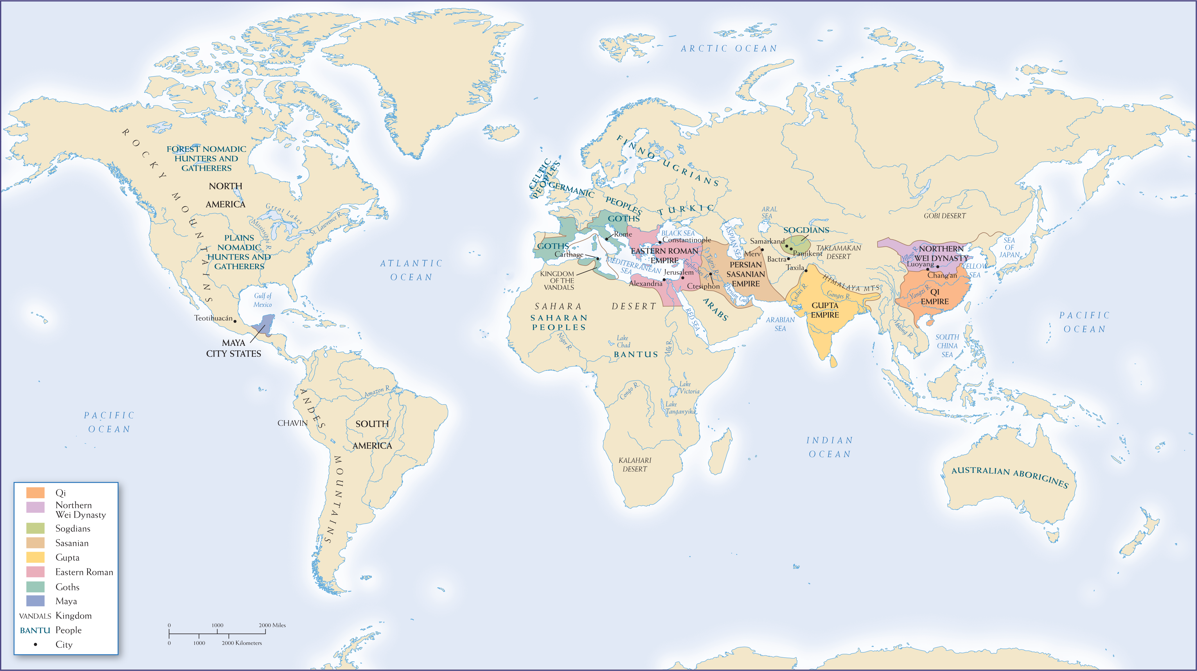 World map showing major empires and regions from 300 to 600 CE across Europe, Asia, and North Africa.