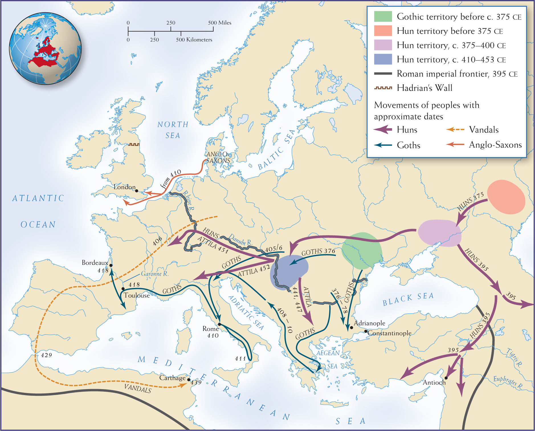 Map showing migrations of Huns, Goths, Vandals, and Anglo-Saxons across Europe during the late Roman period.