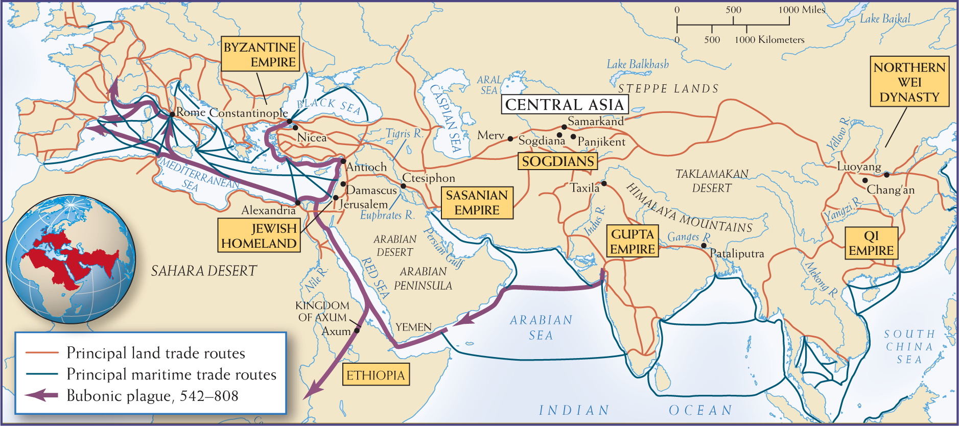 Map of Afro-Eurasian trade routes from 300 to 600 C E showing land and sea exchanges and spread of the bubonic plague.