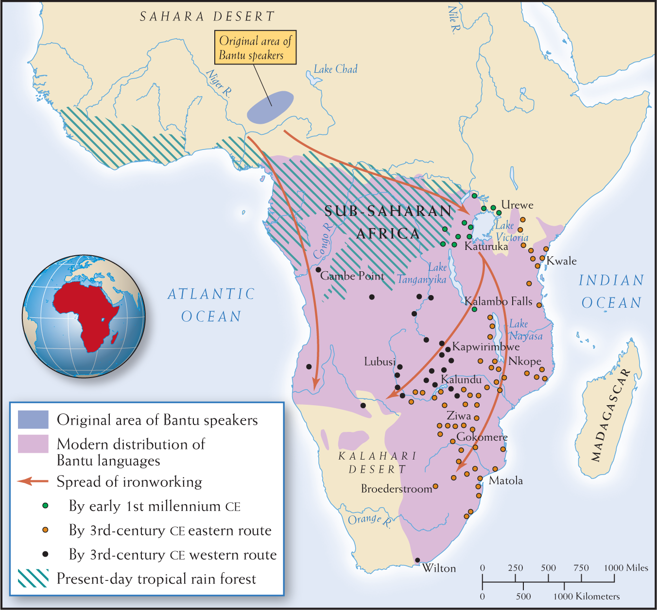 Map showing Bantu migrations across sub-Saharan Africa and the spread of ironworking.