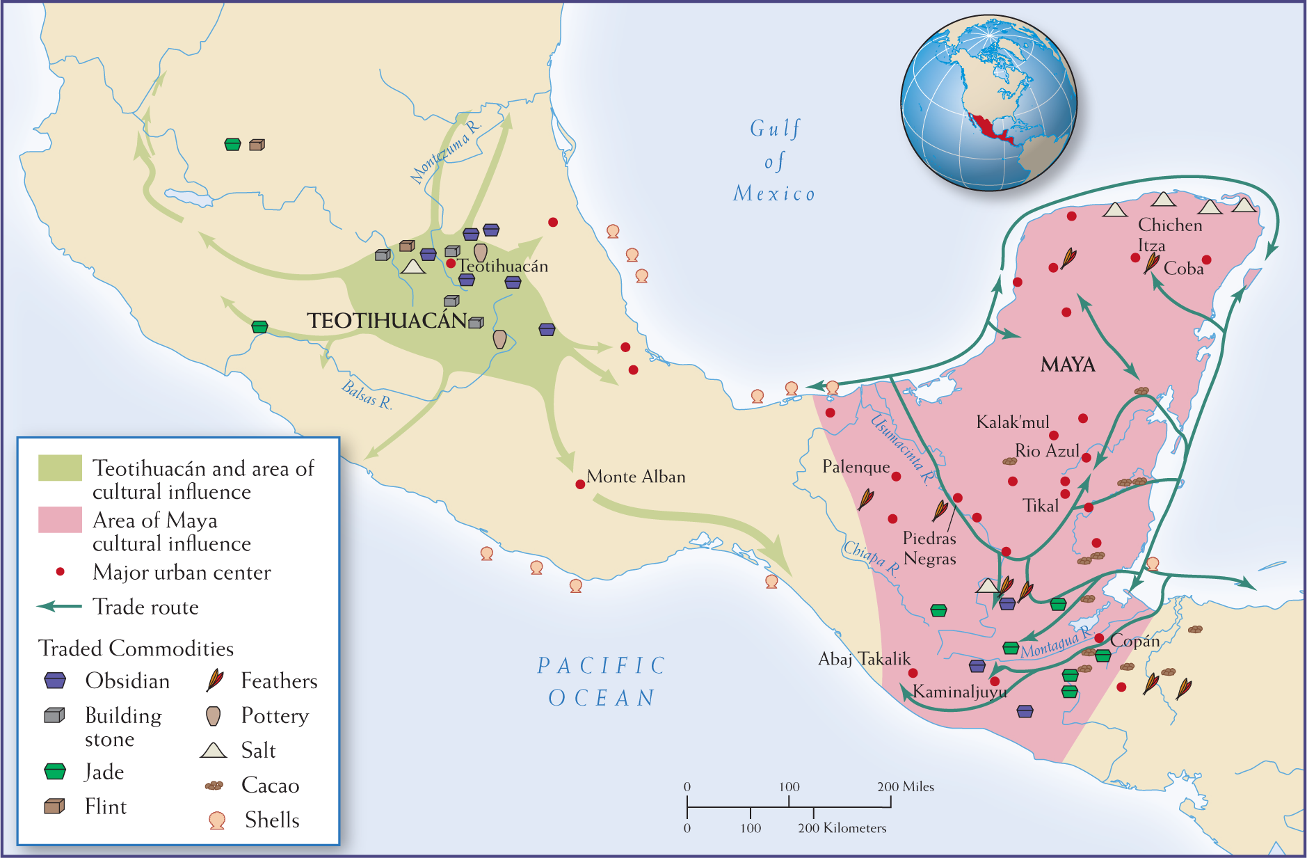 Map of Mesoamerica showing Maya and Teotihuacán regions, cities, and trade routes from 200 to 700 C E.