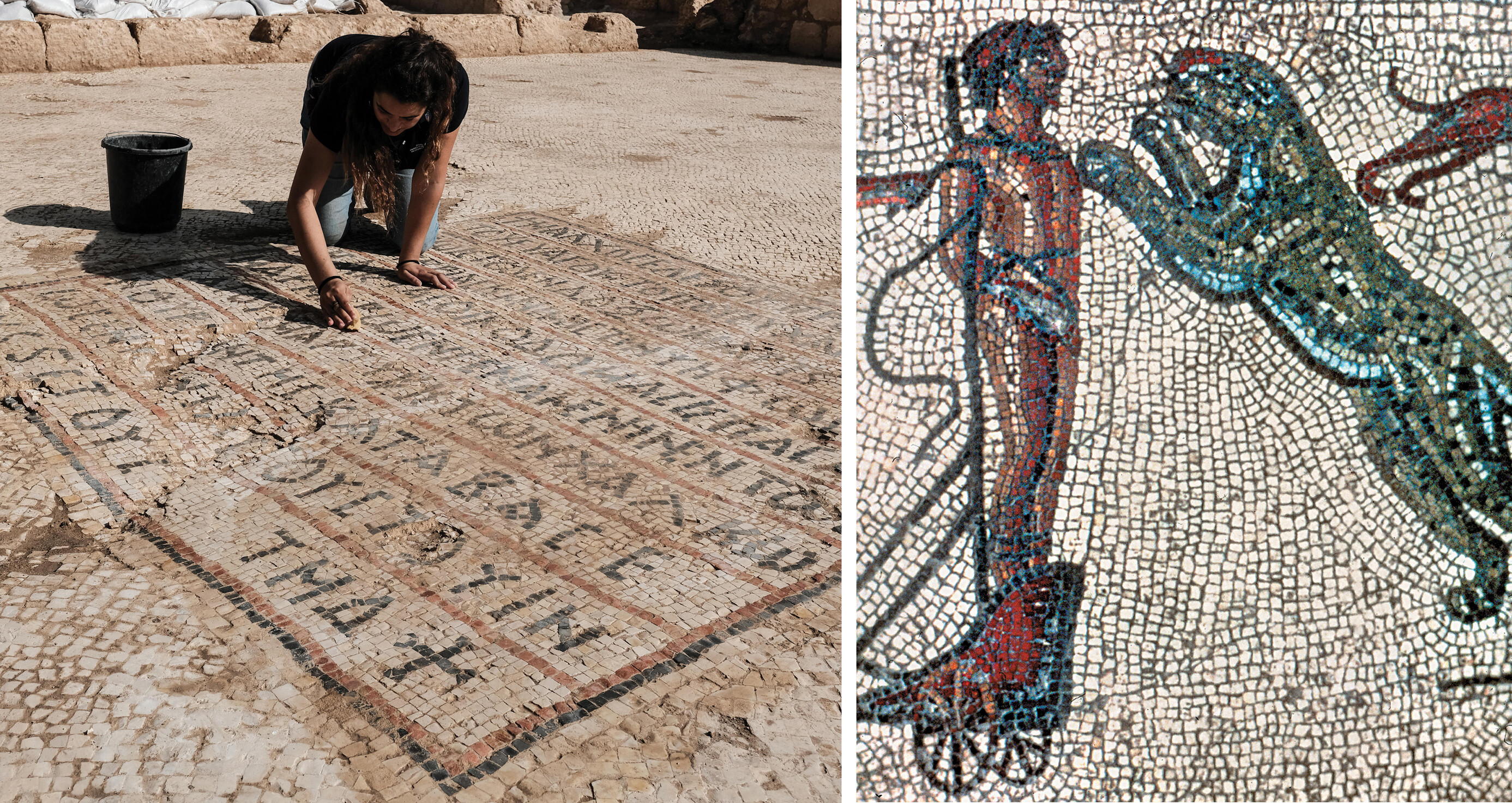 Two images show a church floor mosaic inscription and a mosaic of a man attacked by a leopard.