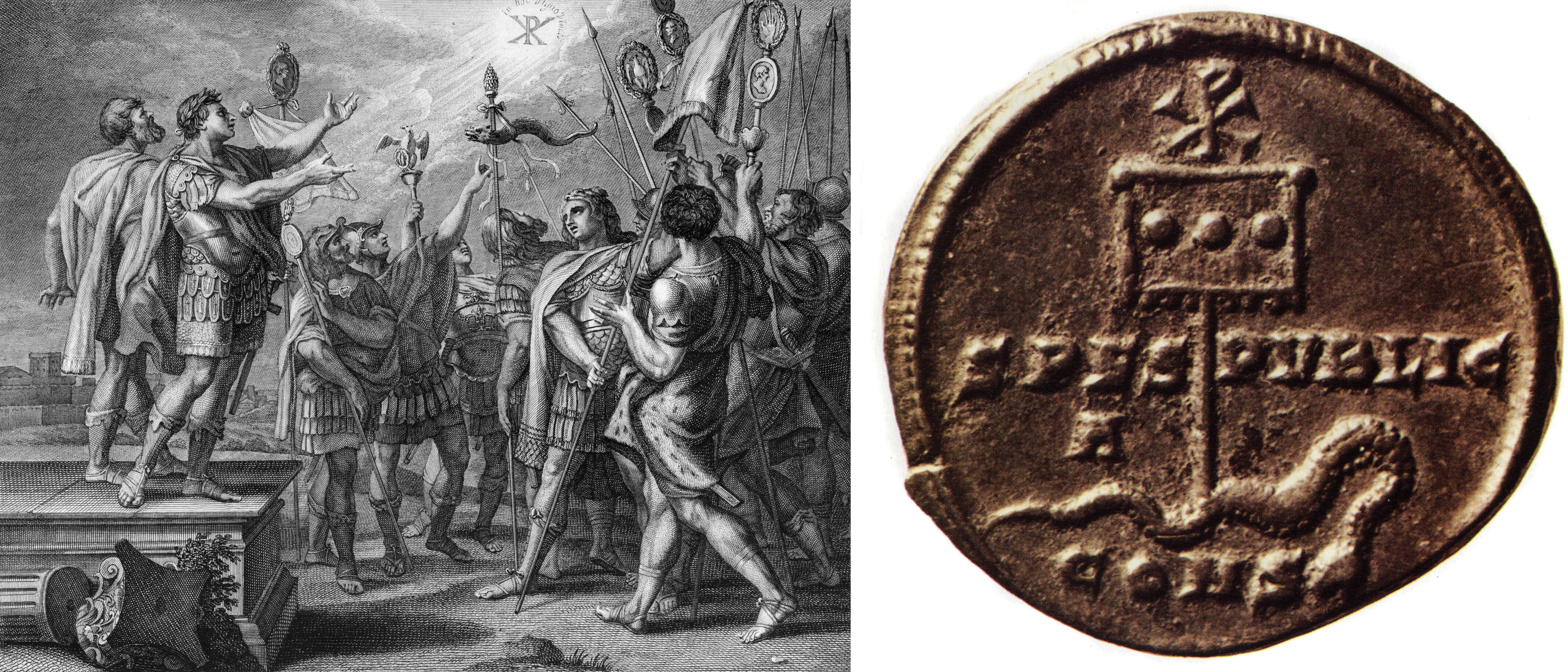Two images show Roman punishment by crucifixion and a coin depicting a crucified figure.
