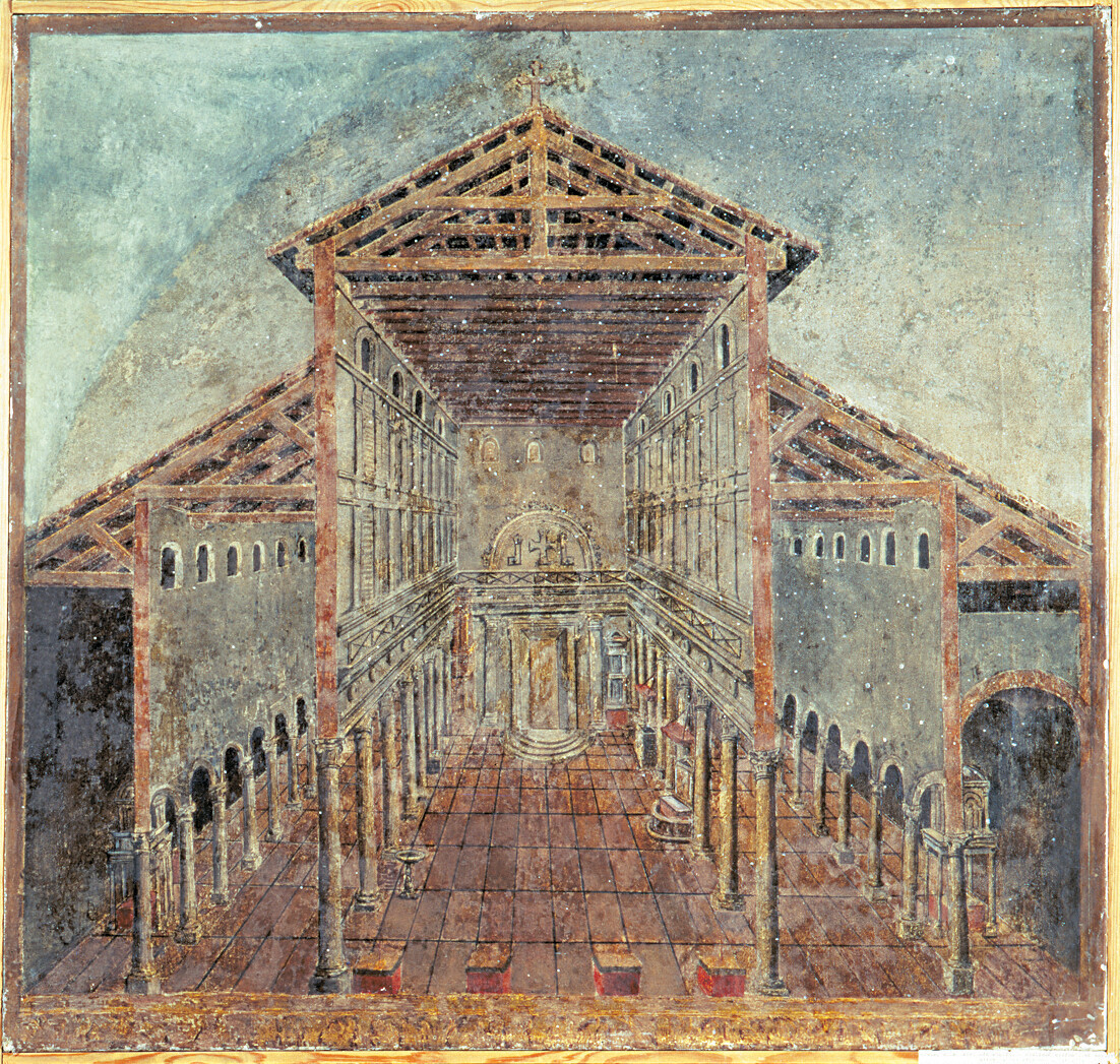 Painting of a Basilica interior with rows of columns leading toward the altar and apse.