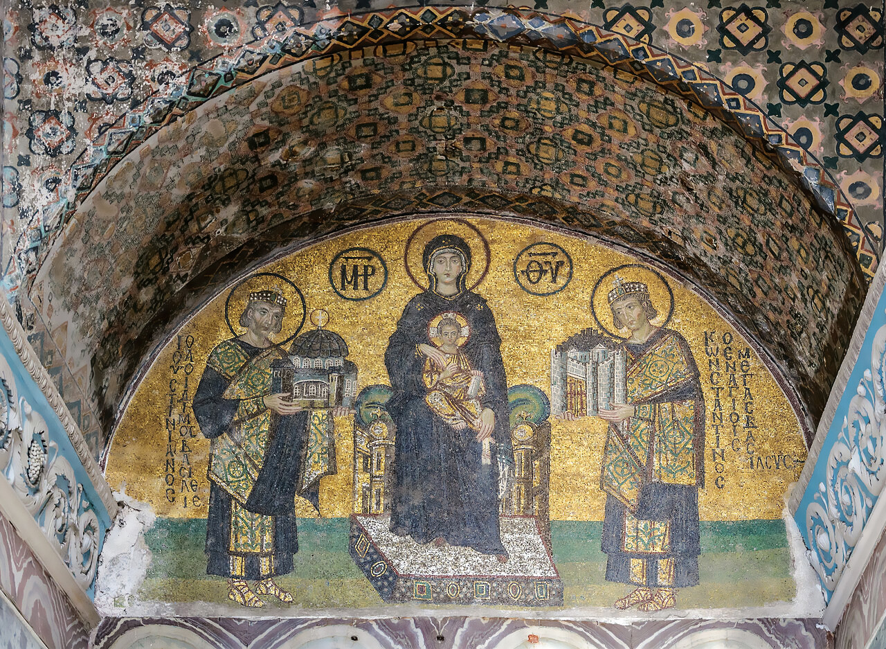 Hagia Sophia mosaic showing the Virgin Mary with Jesus, flanked by Justinian and Constantine offering buildings.